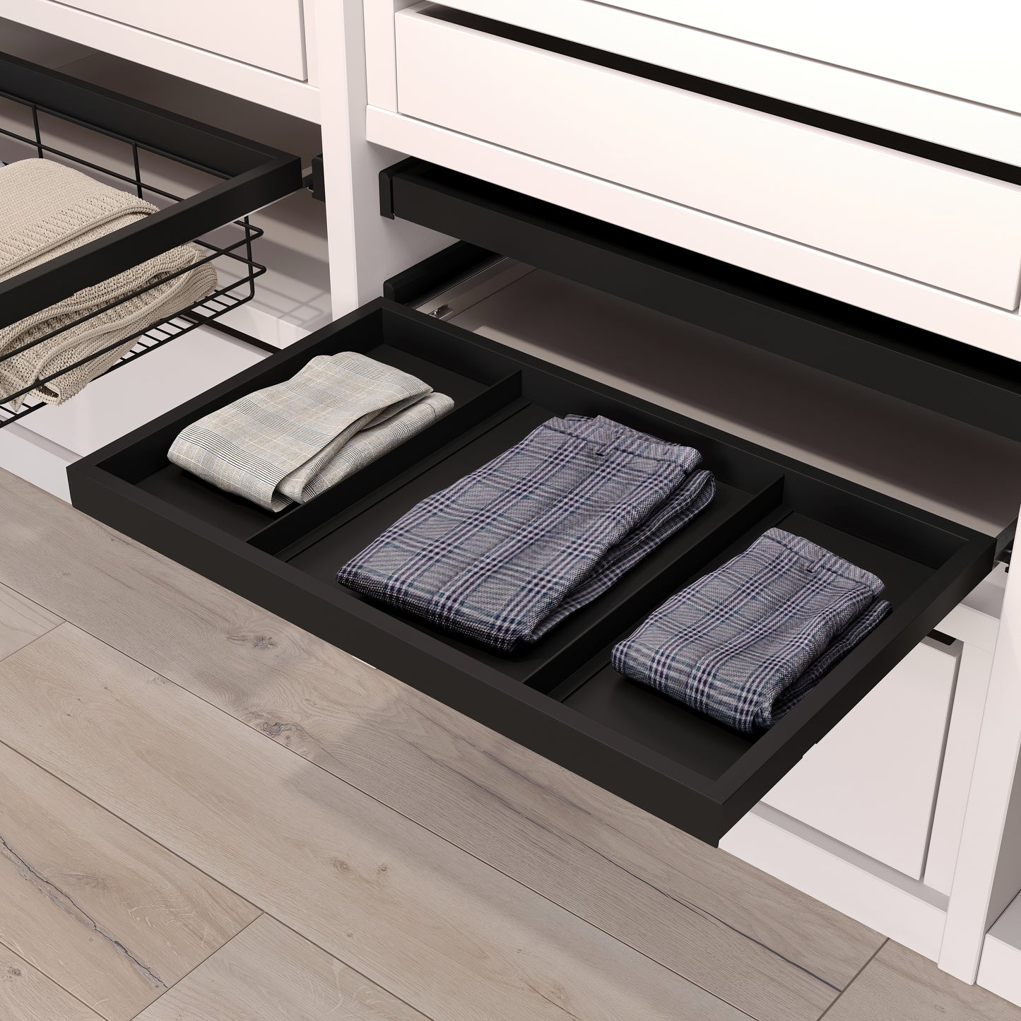 Emuca Kit di vassoio metallico e telaio a scorrimento con chiusura ammortizzata per armadio, regolabile, modulo 600 mm, Nero testurizzato