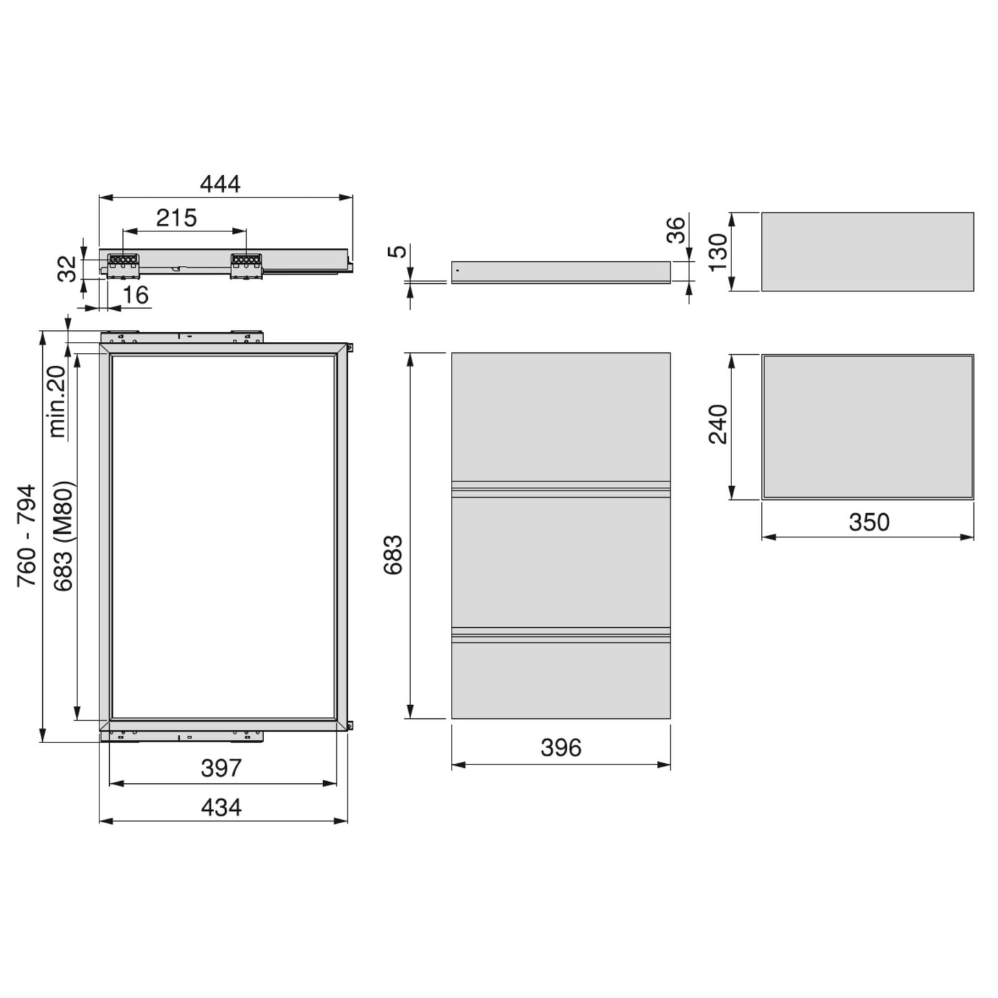 Emuca Kit di vassoio, 2 cestini organizzatori e telaio a scorrimento con chiusura ammortizzata per armadi, regolabile, modulo 800 mm, Nero testurizzato