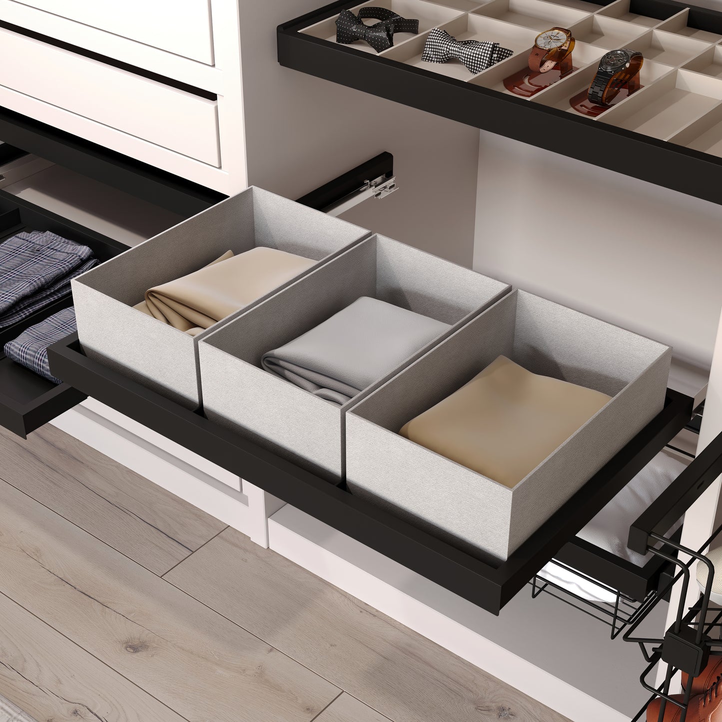 Emuca Kit di vassoio, 3 cestini organizzatori e telaio a scorrimento con chiusura ammortizzata per armadi, regolabile, modulo 900 mm, Nero testurizzato