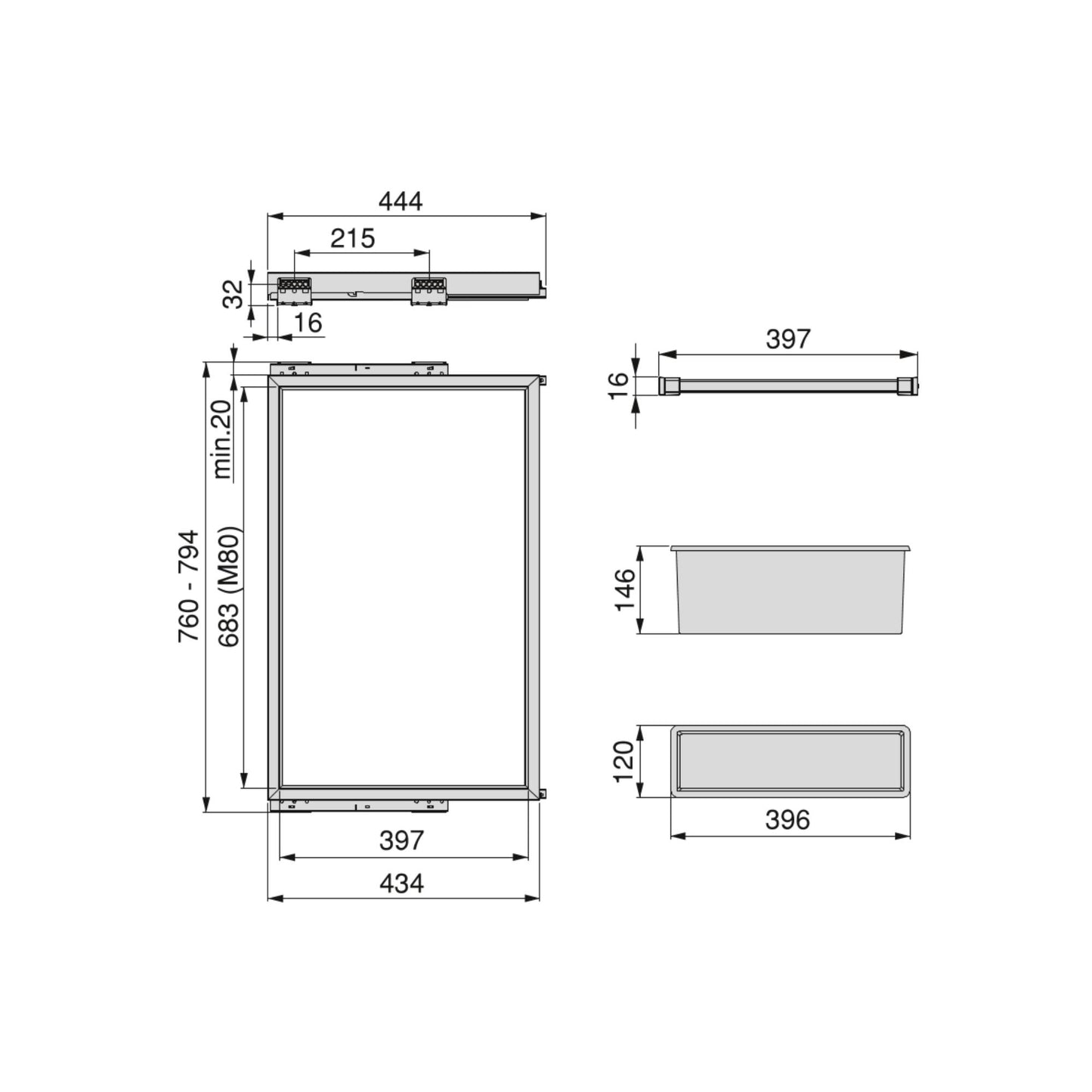 Emuca Kit di 7 aste portapantaloni, 1 vassoio e 1 telaio a scorrimento con chiusura ammortizzata per armadi, regolabili, modulo 800 mm, Nero testurizzato