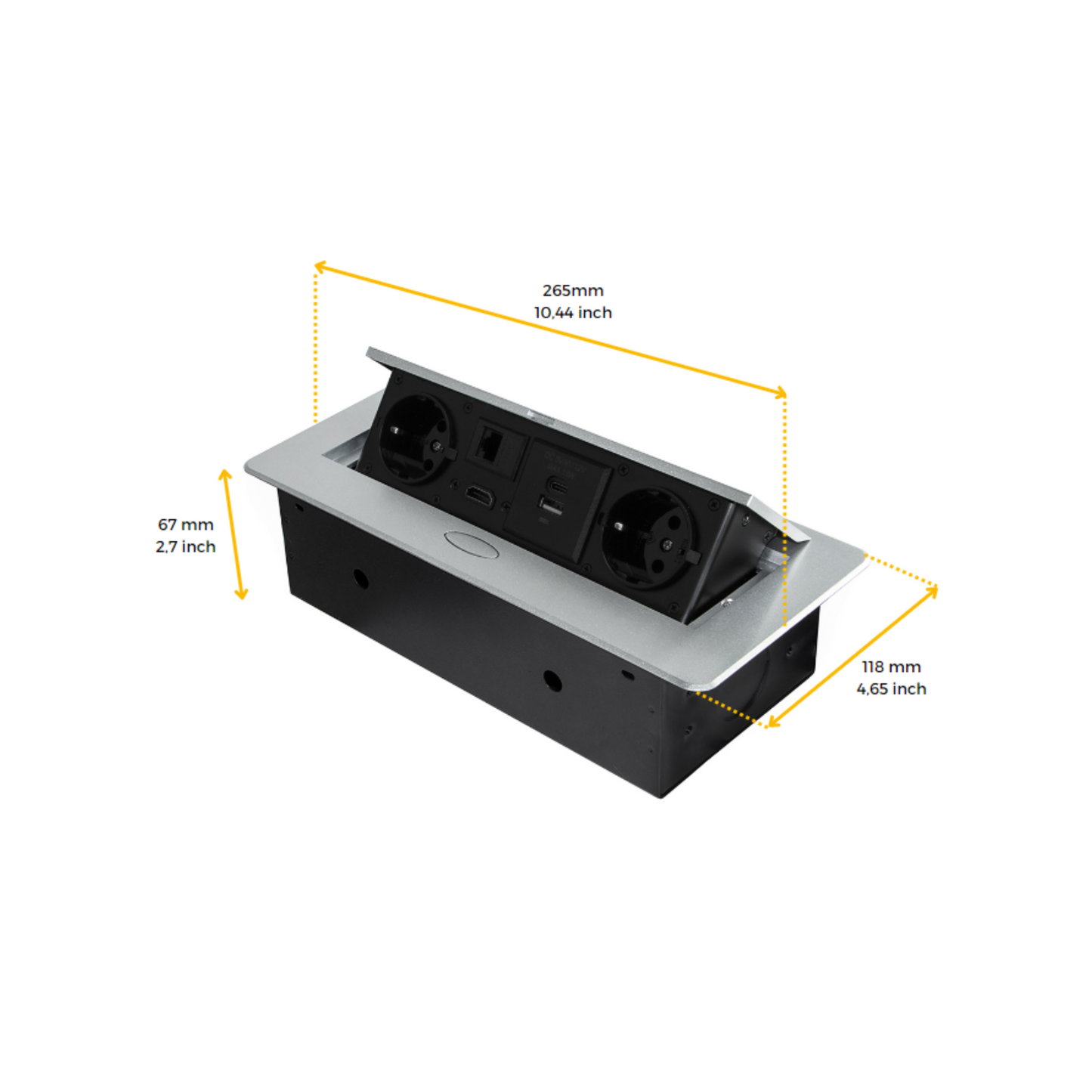 Emuca Multiconnettore Atom 26, 225x111mm, 2 prese Schuko, 1 USB Tipo A, 1 USB Tipo C, 1 RJ45, 1 HDMI, Zama-Acciaio-Plastica, Bianco