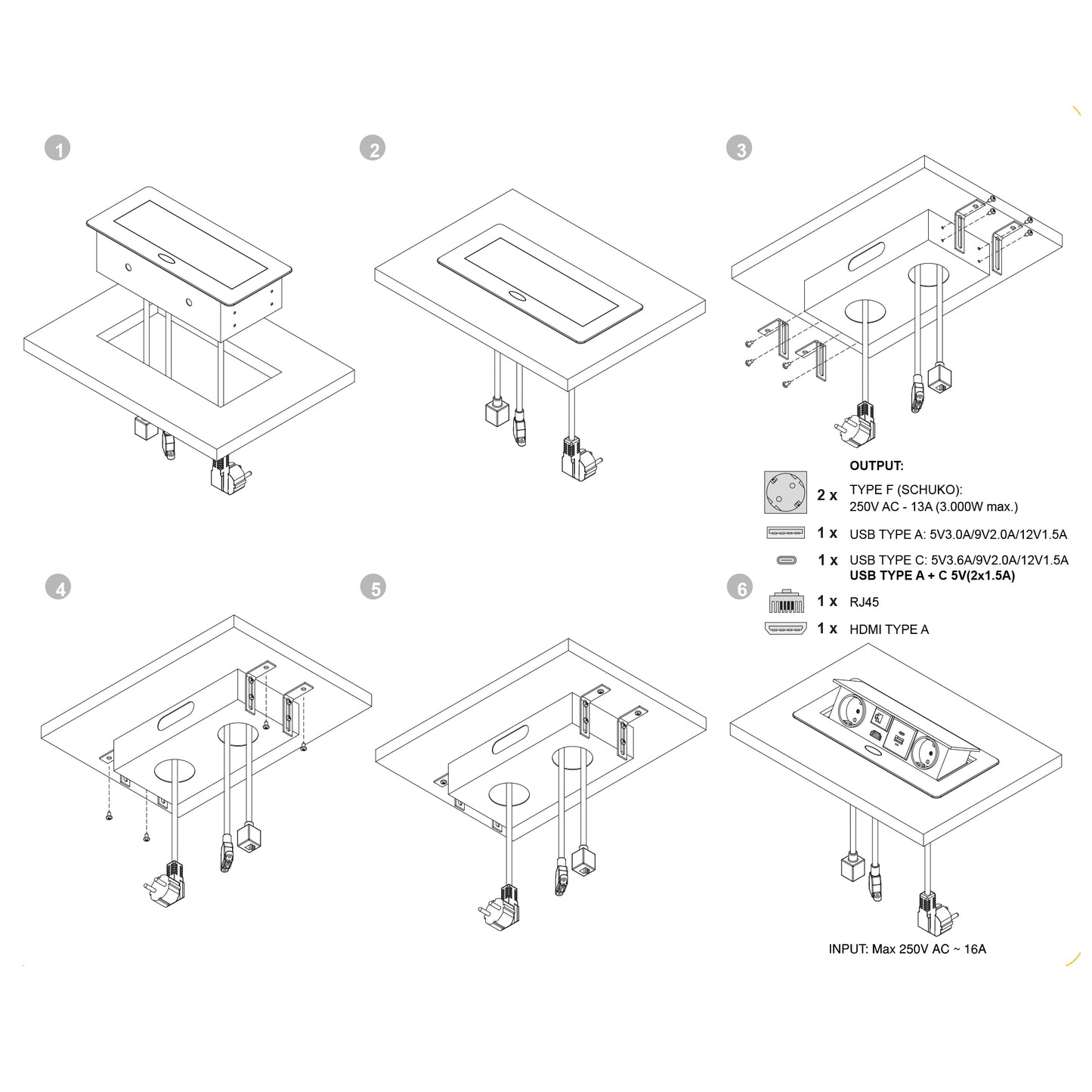 Emuca Multiconnettore Atom 26, 225x111mm, 2 prese Schuko, 1 USB Tipo A, 1 USB Tipo C, 1 RJ45, 1 HDMI, Zama-Acciaio-Plastica, Bianco
