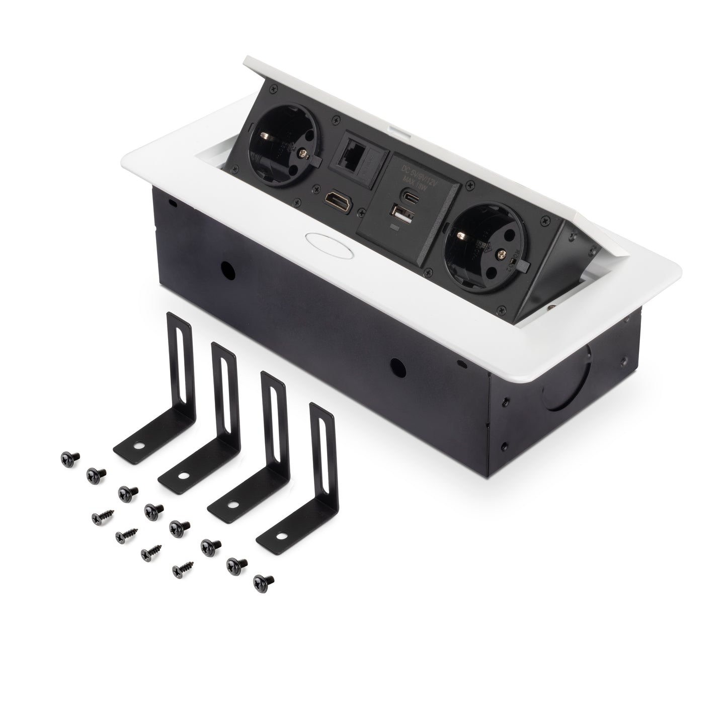 Emuca Multiconnettore Atom 26, 225x111mm, 2 prese Schuko, 1 USB Tipo A, 1 USB Tipo C, 1 RJ45, 1 HDMI, Zama-Acciaio-Plastica, Bianco
