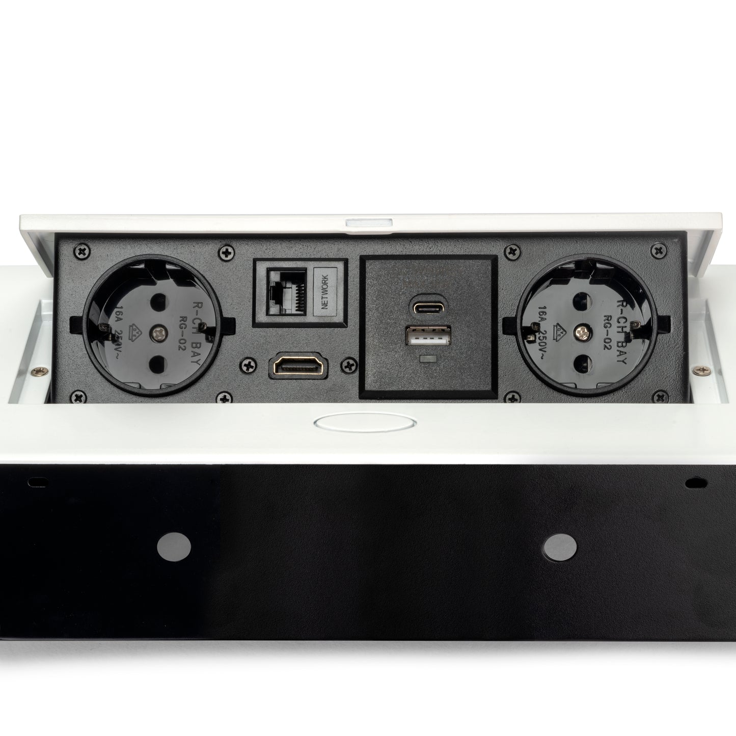 Emuca Multiconnettore Atom 26, 225x111mm, 2 prese Schuko, 1 USB Tipo A, 1 USB Tipo C, 1 RJ45, 1 HDMI, Zama-Acciaio-Plastica, Bianco