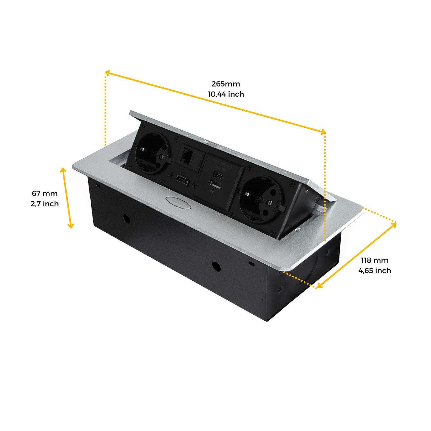Emuca Multiconnettore Atom 26, 225x111mm, 2 prese Schuko, 1 USB tipo A, 1 USB tipo C, 1 RJ45, 1 HDMI, Zama-Acciaio-Plastica, Grigio metallizzata