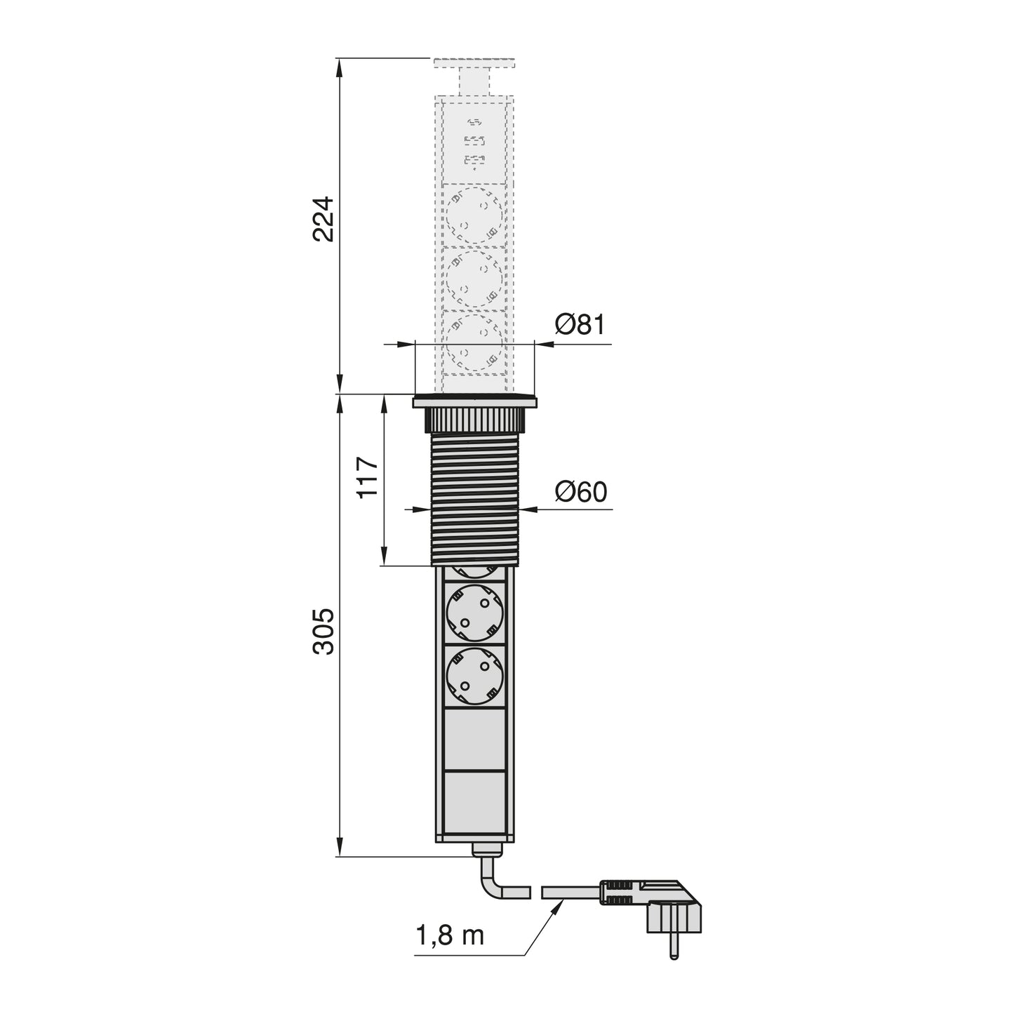 Emuca Multipresa estraibile Vertikal, 3 prese Schuko, 1 USB Tipo A, 1 USB Tipo C, Tecnoplastica e Alluminio, Grigio metallizzata