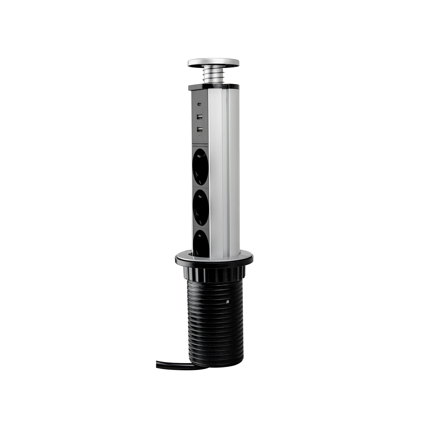 Emuca Multipresa estraibile Vertikal, 3 prese Schuko, 1 USB Tipo A, 1 USB Tipo C, Tecnoplastica e Alluminio, Grigio metallizzata