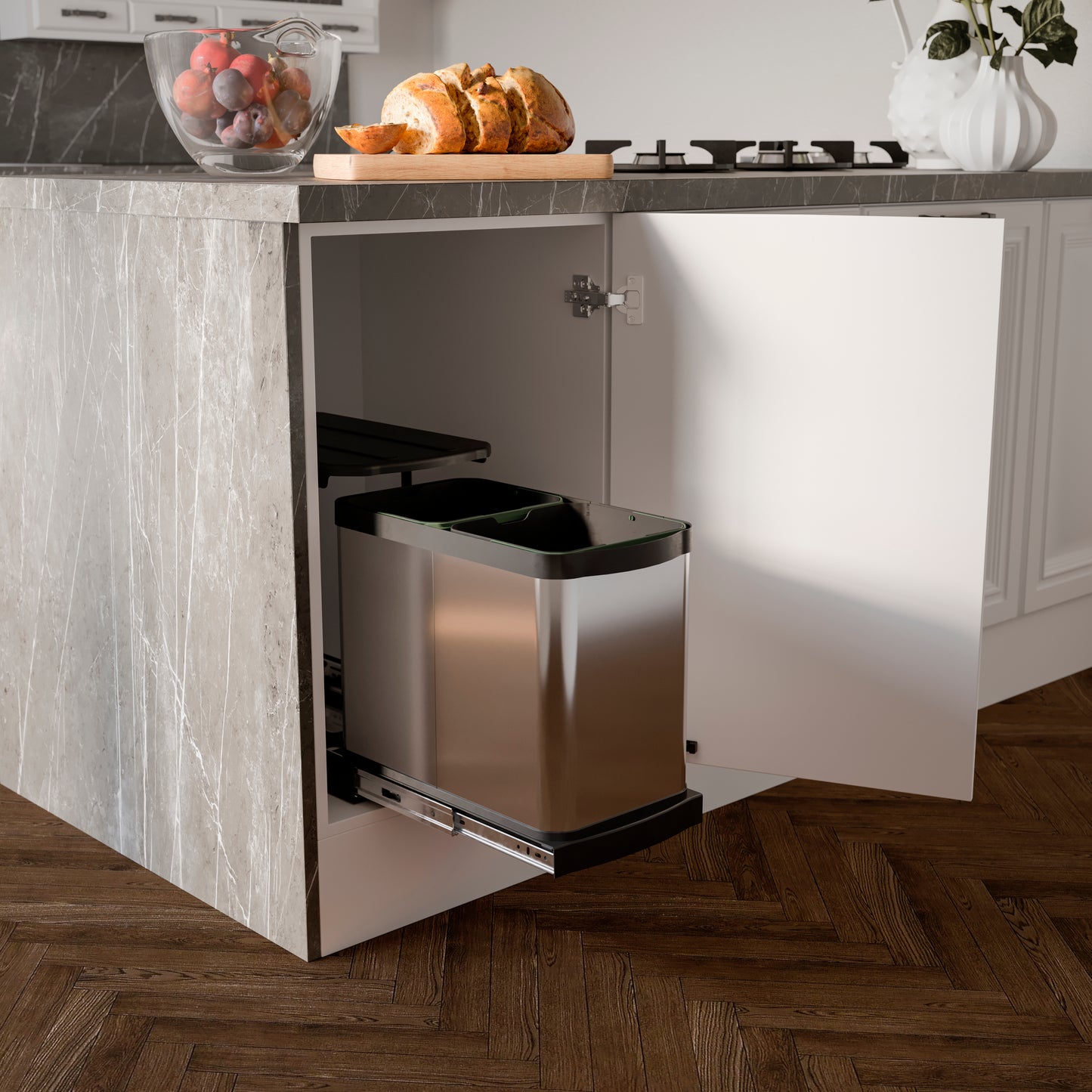 Emuca Contenitore per la raccolta differenziata Recycle Inox 2x12lt per il montaggio sul fondo e l'estrazione manuale/automaticamente nei mobili da cucina, in Tecnoplastica e Acciaio inossidabile.