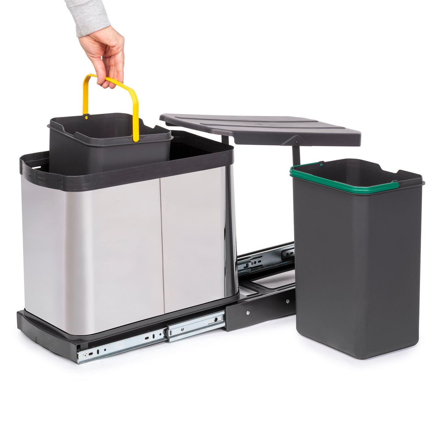 Emuca Contenitore per la raccolta differenziata Recycle Inox 2x12lt per il montaggio sul fondo e l'estrazione manuale/automaticamente nei mobili da cucina, in Tecnoplastica e Acciaio inossidabile.