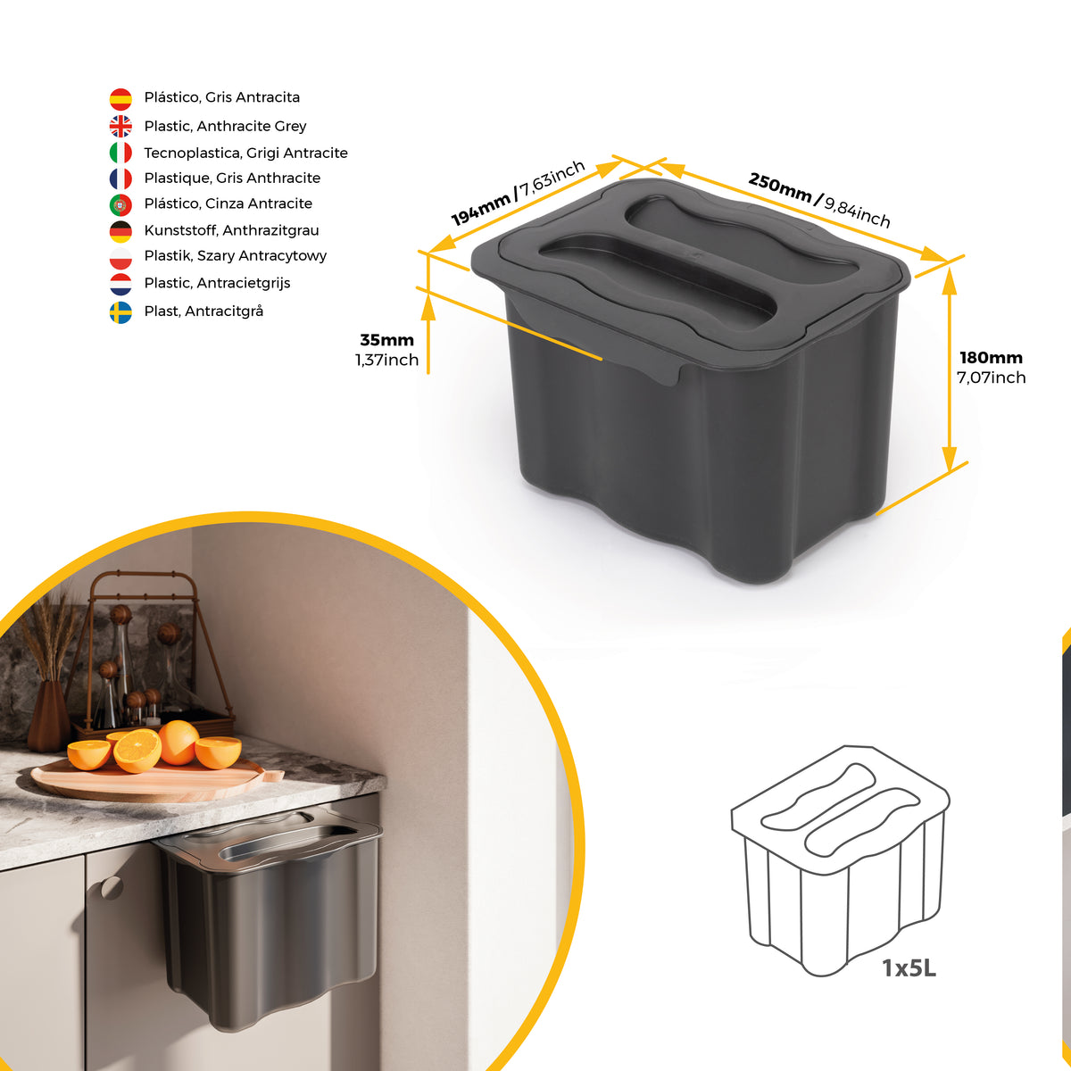 Pattumiera per differenziata ausiliario Recycle 5 L per cucina