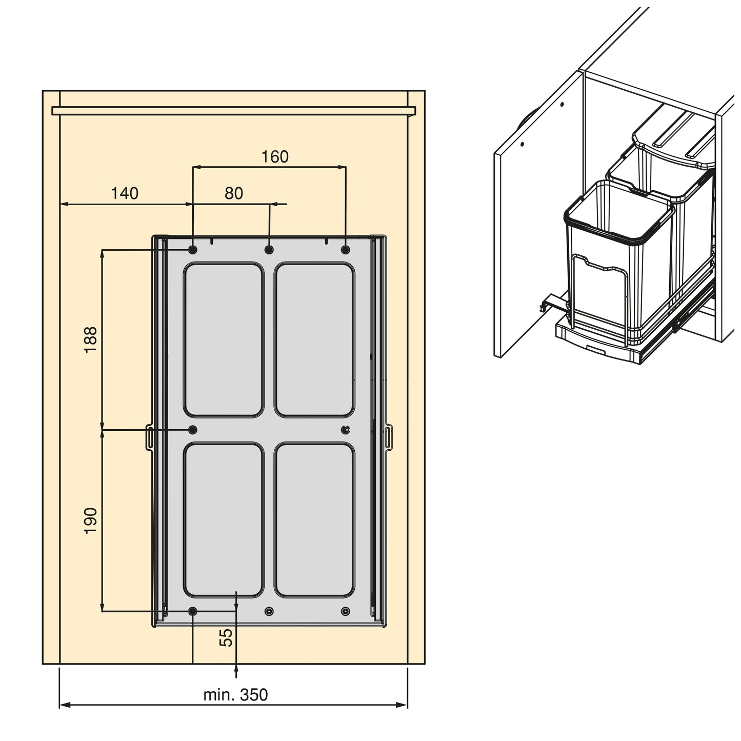 Emuca Contenitore per la raccolta differenziata Recycle da montare sul fondo e da estrarre manualmente/automaticamente in cucina Recycle 2x12lt, Grigio antracite, Tecnoplastica