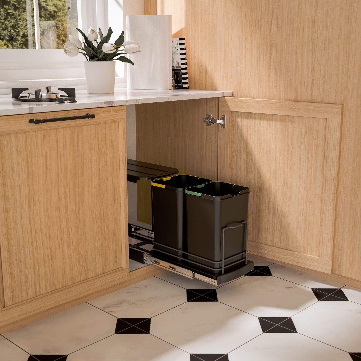 Emuca Contenitore per la raccolta differenziata Recycle da montare sul fondo e da estrarre manualmente/automaticamente in cucina Recycle 2x12lt, Grigio antracite, Tecnoplastica