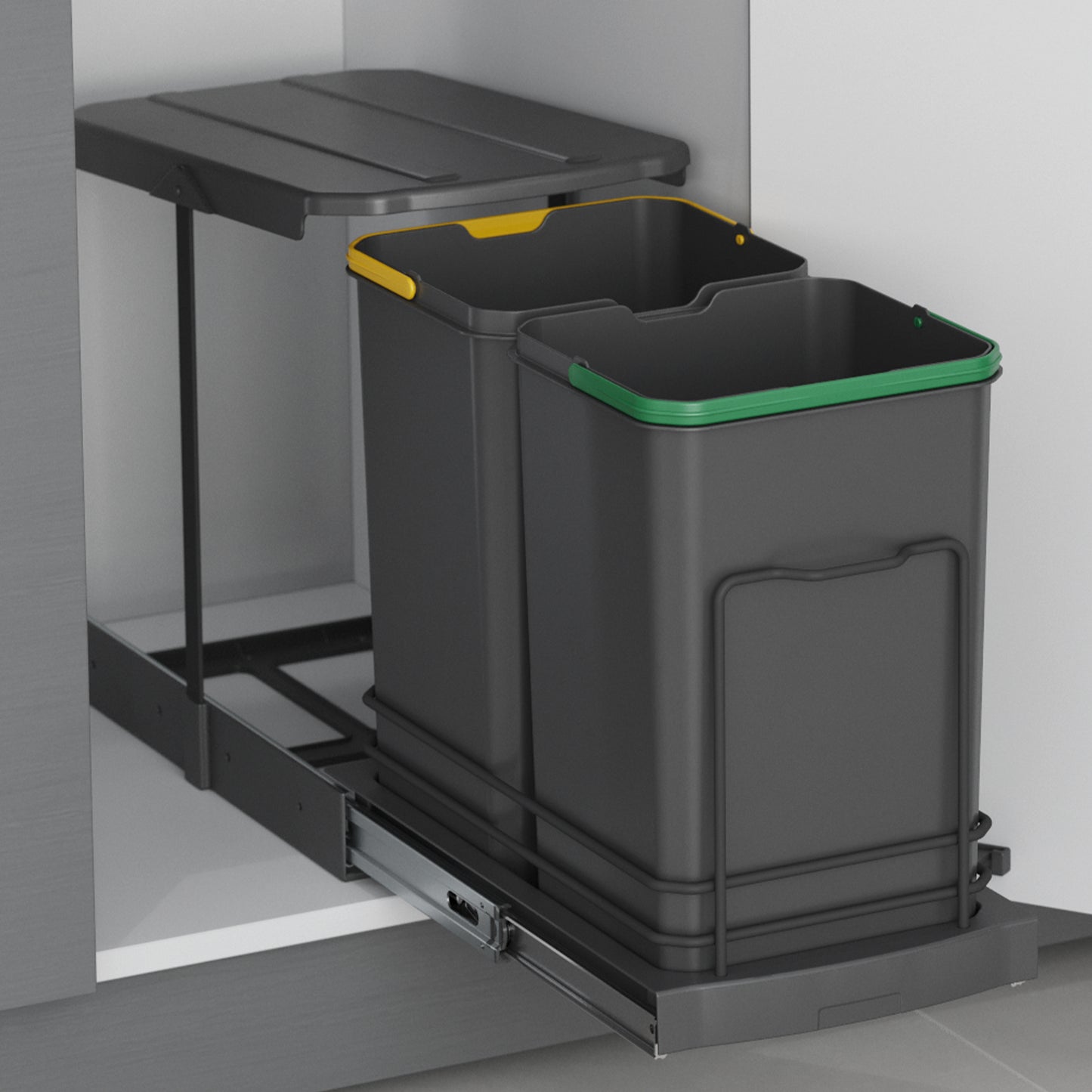 Emuca Contenitore per la raccolta differenziata Recycle da montare sul fondo e da estrarre manualmente/automaticamente in cucina Recycle 2x12lt, Grigio antracite, Tecnoplastica