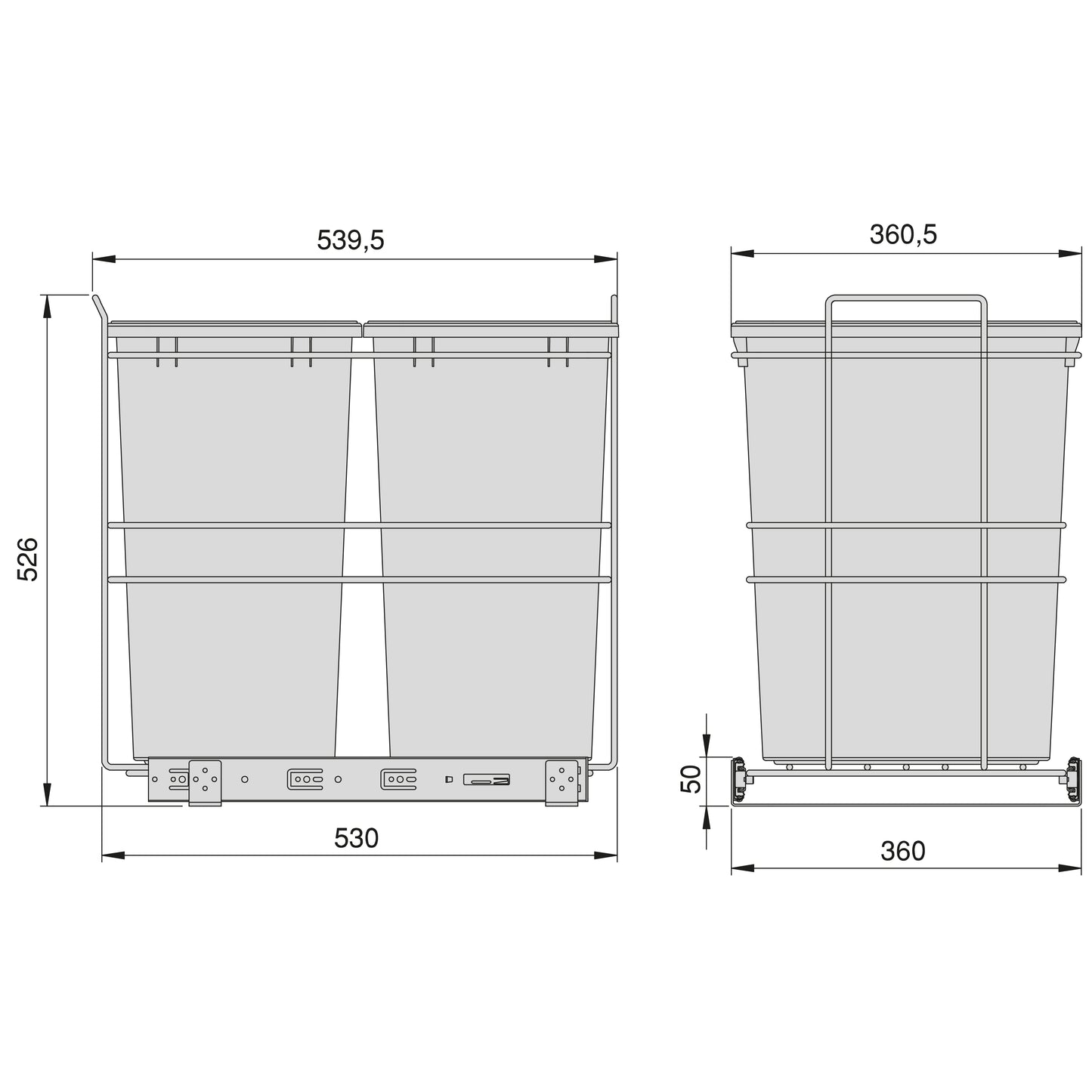 Emuca Contenitore per la raccolta differenziata Recycle da montare sul fondo e da estrarre manualmente in cucina Recycle 2x35lt, Grigio antracite Tecnoplastica