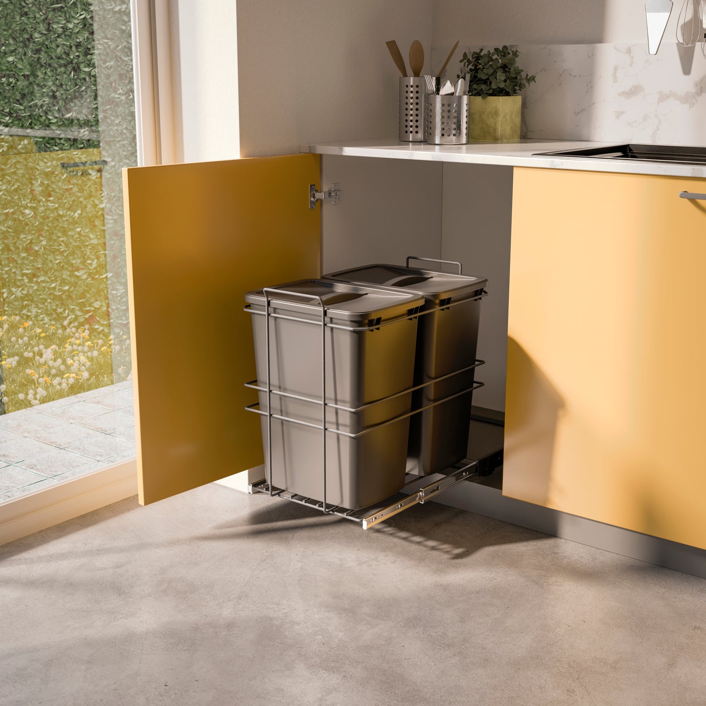 Emuca Contenitore per la raccolta differenziata Recycle da montare sul fondo e da estrarre manualmente in cucina Recycle 2x35lt, Grigio antracite Tecnoplastica