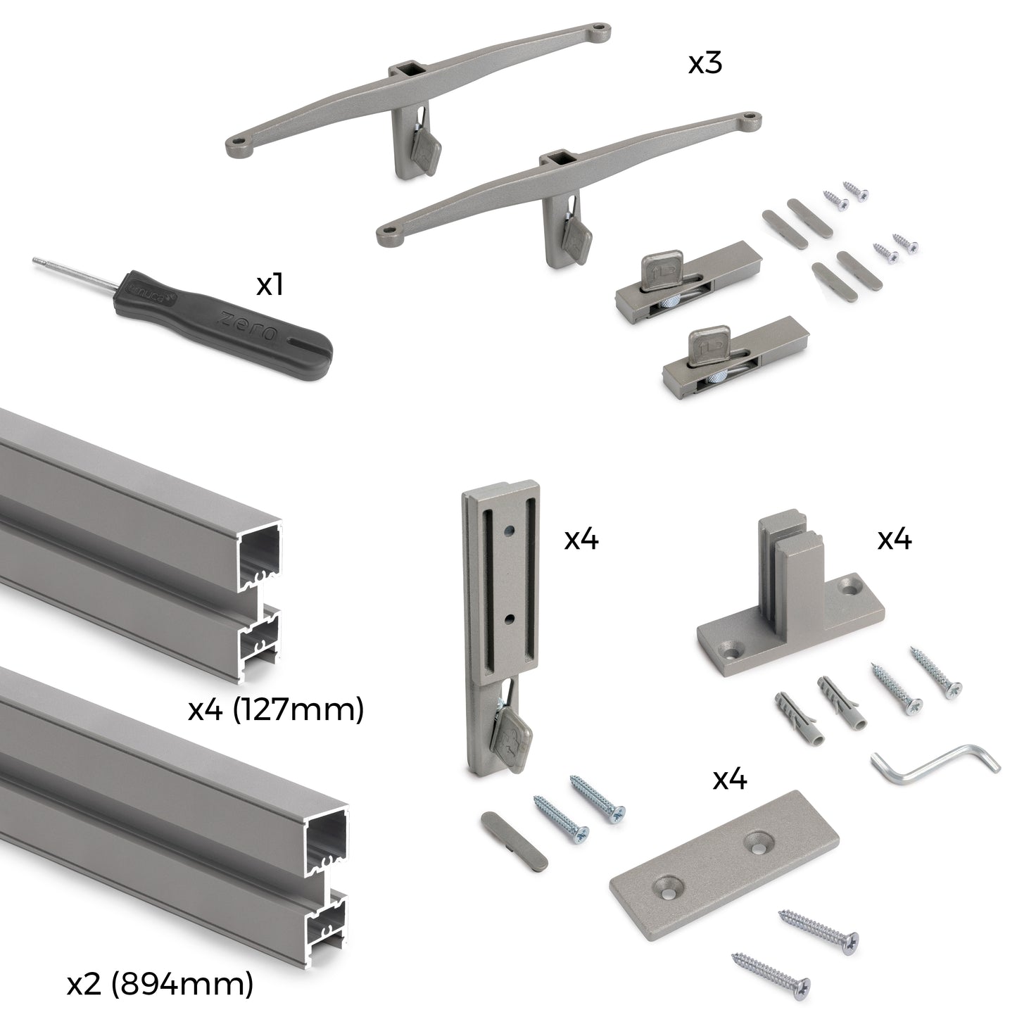 Emuca Kit per la realizzazione di una composizione modulare Zero con ferramenta per il montaggio a parete, Alluminio e Zama, Verniciato grigio pietra