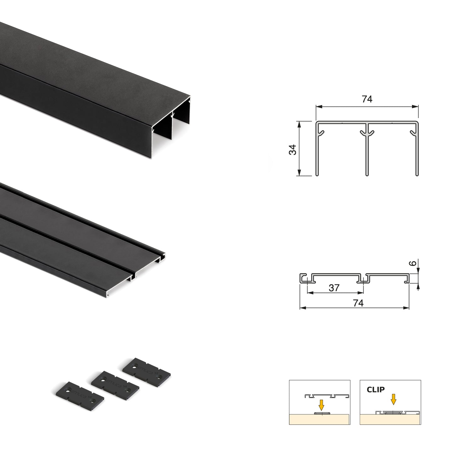Emuca Kit di ferramenta per armadio 2 ante e chiusura ammortizzata Placard 74, Modello Maniglia Sharp, spessore 16 mm, pannelli non inclusi, Verniciato nero