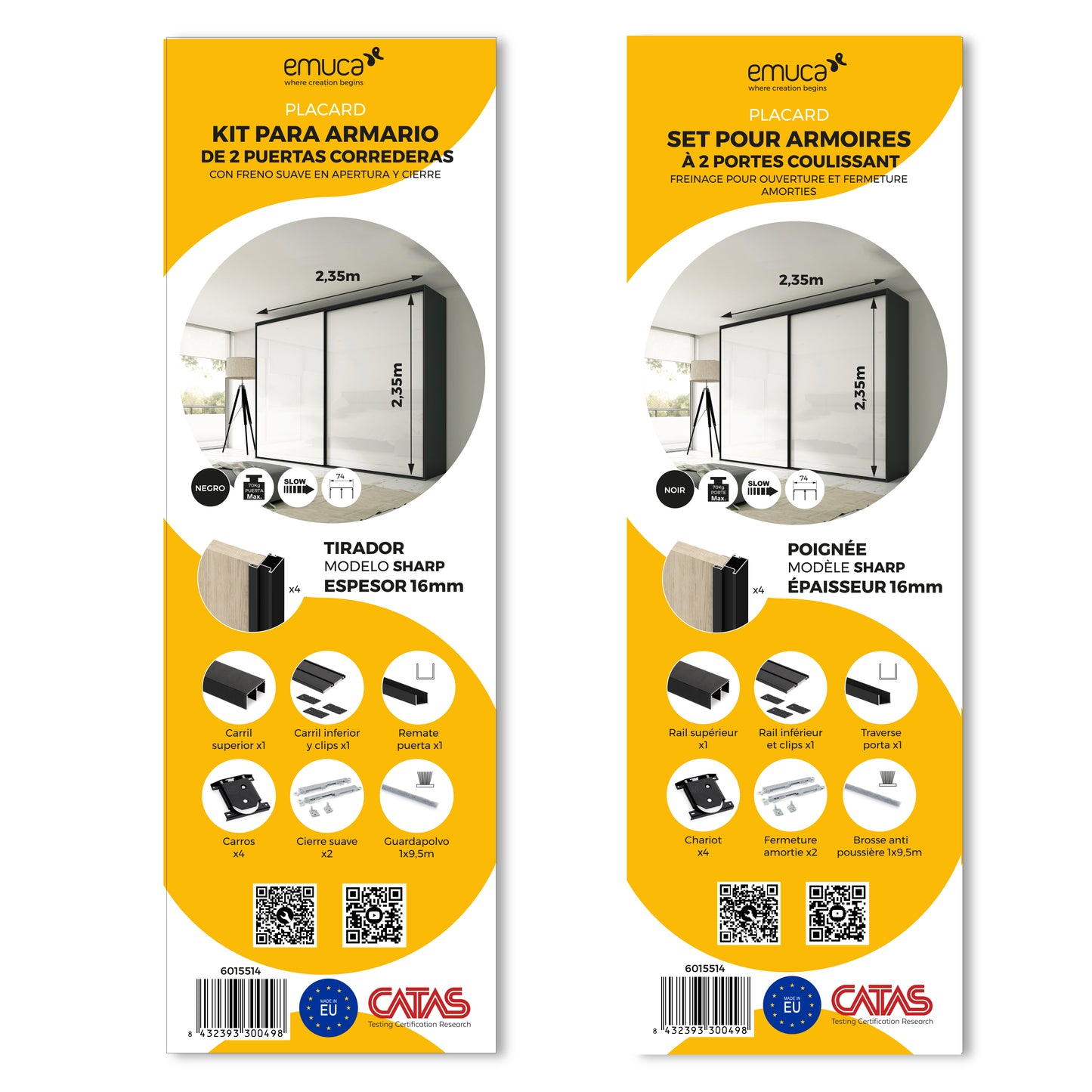 Emuca Kit di ferramenta per armadio 2 ante e chiusura ammortizzata Placard 74, Modello Maniglia Sharp, spessore 16 mm, pannelli non inclusi, Verniciato nero
