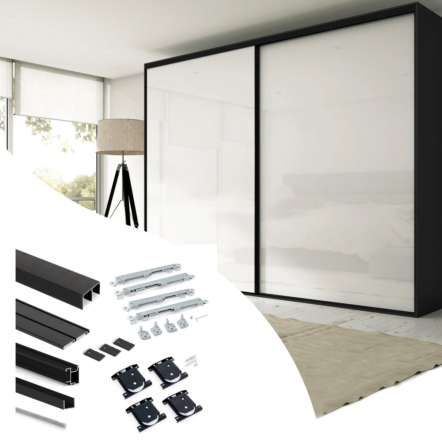 Emuca Kit di ferramenta per armadio 2 ante e chiusura ammortizzata Placard 74, Modello Maniglia Sharp, spessore 16 mm, pannelli non inclusi, Verniciato nero