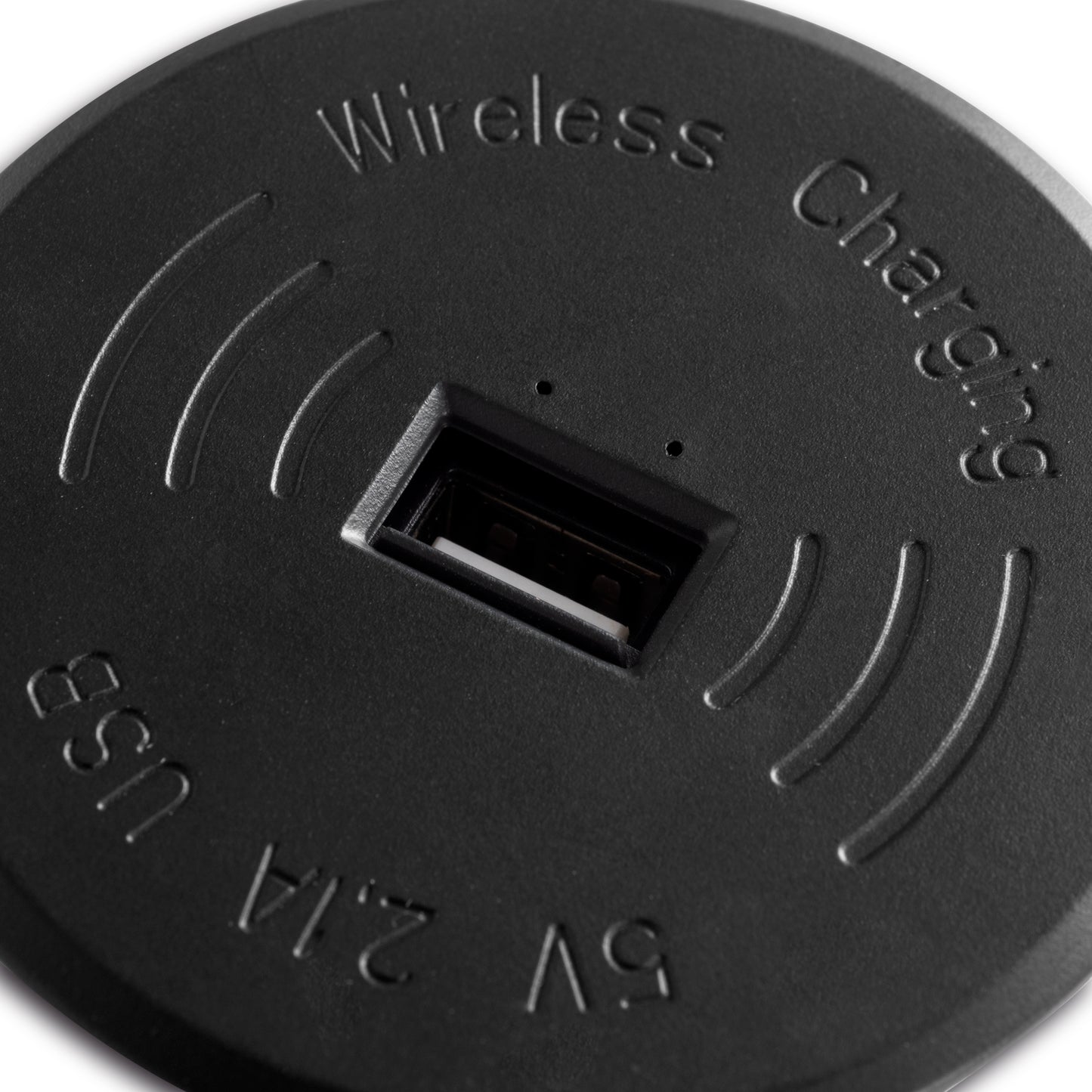 Emuca Caricabatterie wireless Airtop 2, con USB A, D.60mm, 5V DC / 2.1A (USB-10W/Qi-10W), Tecnoplastica, Nero