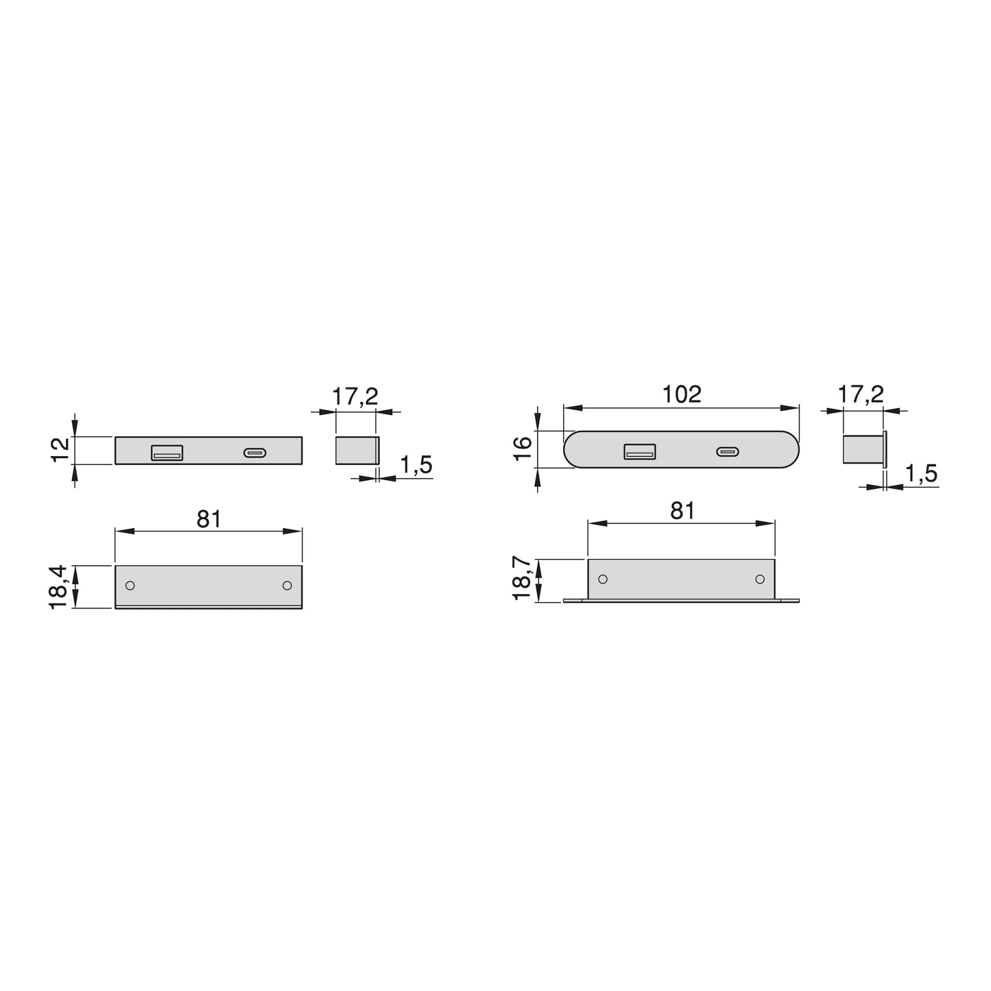 Emuca Connettore USB A e C per la ricarica di Lynx, 81x12 mm, per montaggio a incasso o in superficie, Tecnoplastica, Nero