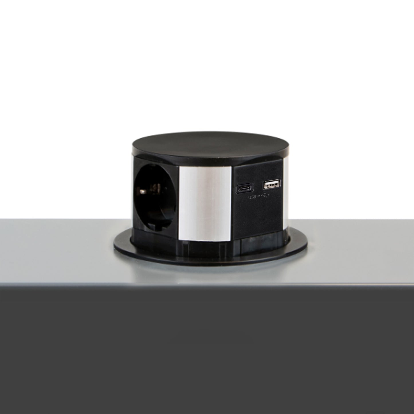 Emuca Multiconnettore Vertikal Push diametro 100mm, 3 spine di tipo Schuko, 1 USB tipo A, 1 USB tipo C, Acciaio e Tecnoplastica, Verniciato nero