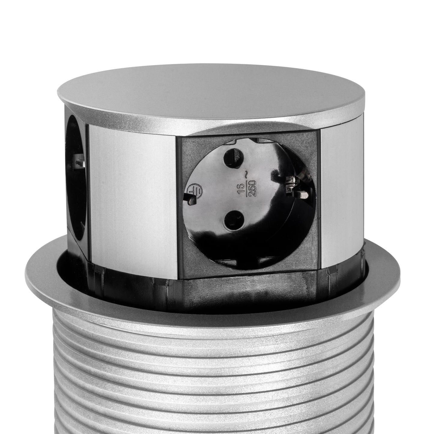 Emuca Multiconnettore Vertikal Push diametro 100mm, 3 spine di tipo Schuko, 1 USB tipo A, 1 USB tipo C, Acciaio e Tecnoplastica, Verniciato alluminio