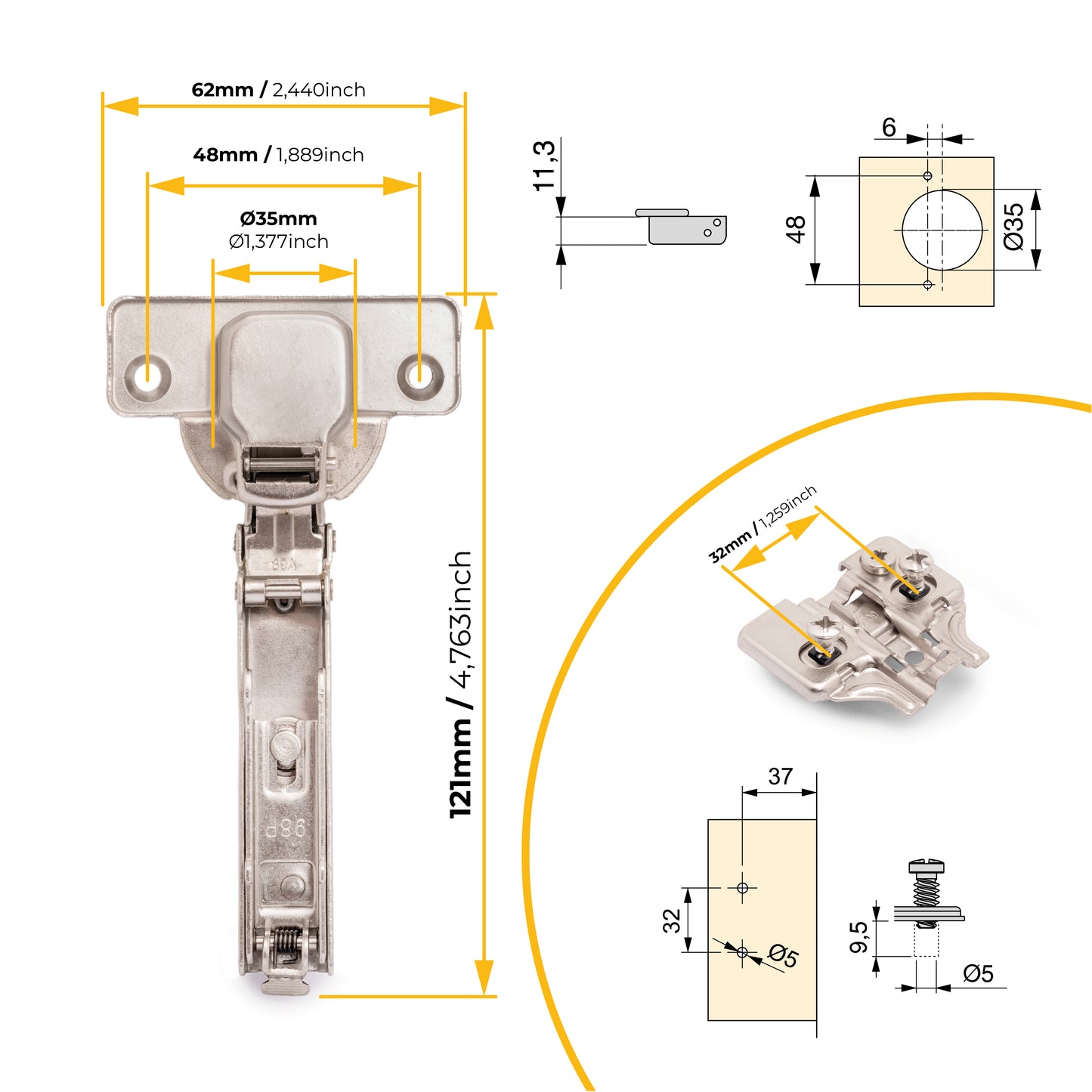 Emuca Lotto di 20 cerniere collo dritto X92N e basette di montaggio misto, diametro 5x9,5 mm, altezza 0, Acciaio, Nichelato