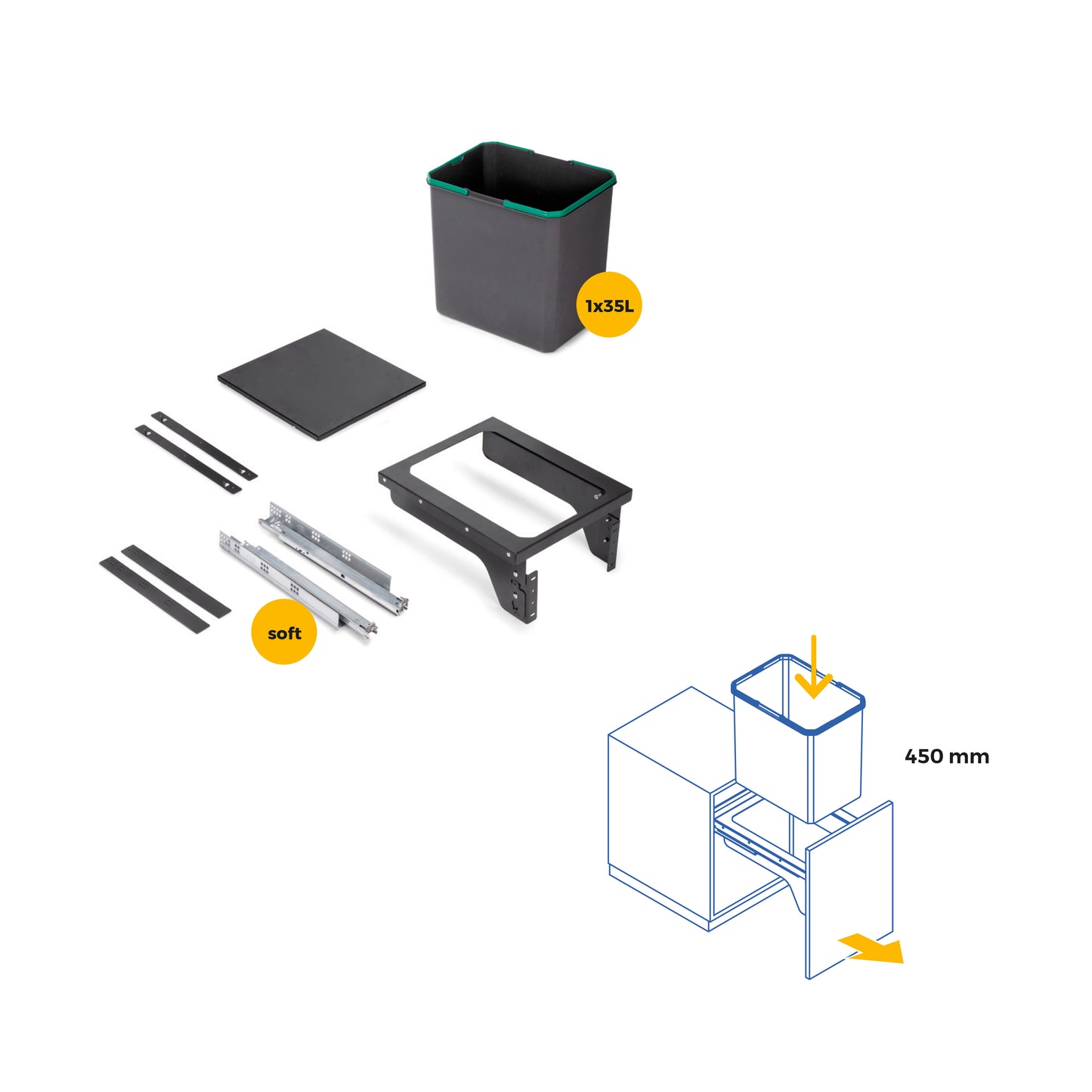 Emuca Recycle, contenitore per la raccolta differenziata da montare lateralmente sul mobile della cucina Recycle 1x35lt, Acciaio, Tecnoplastica Grigio antracite