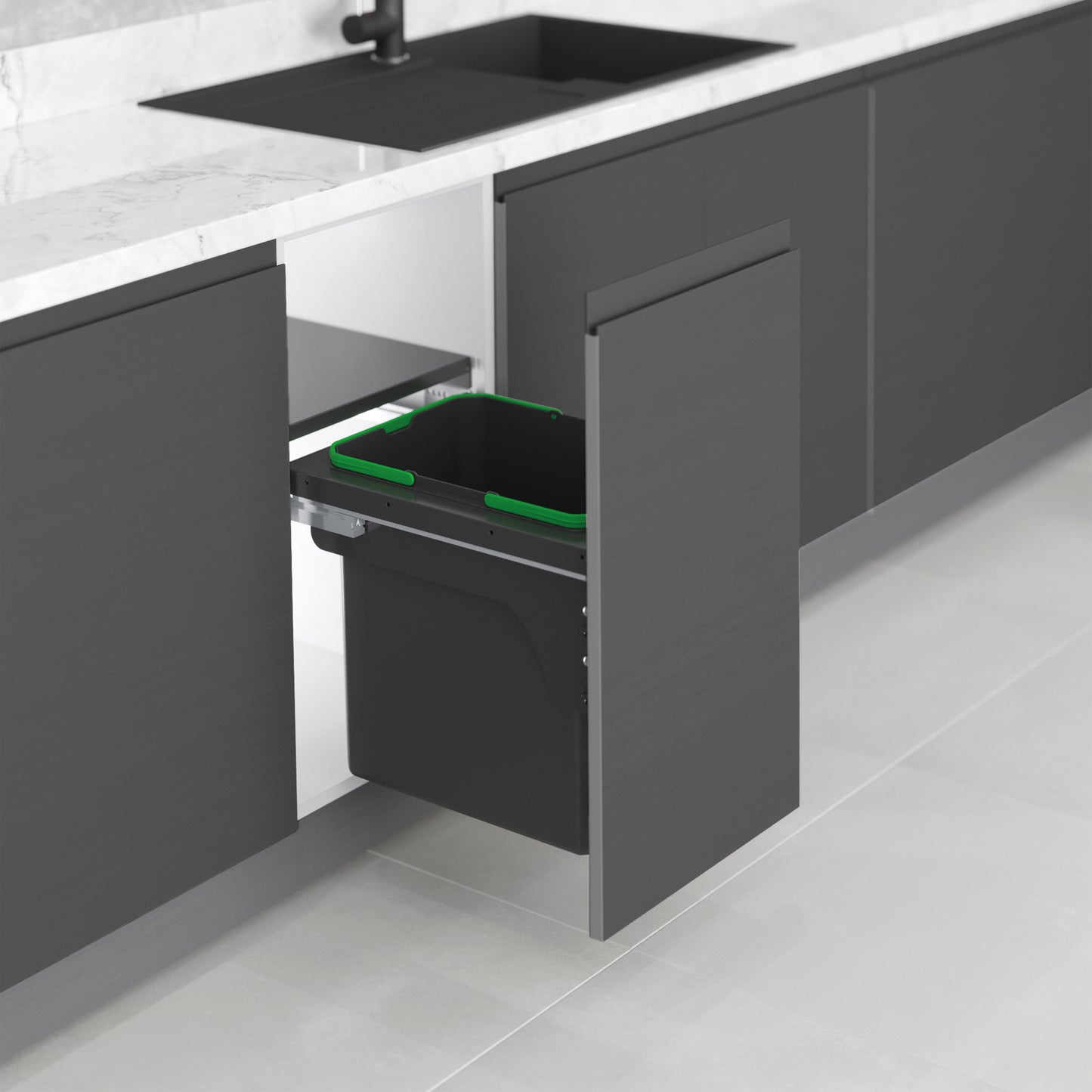 Emuca Recycle, contenitore per la raccolta differenziata da montare lateralmente sul mobile della cucina Recycle 1x35lt, Acciaio, Tecnoplastica Grigio antracite