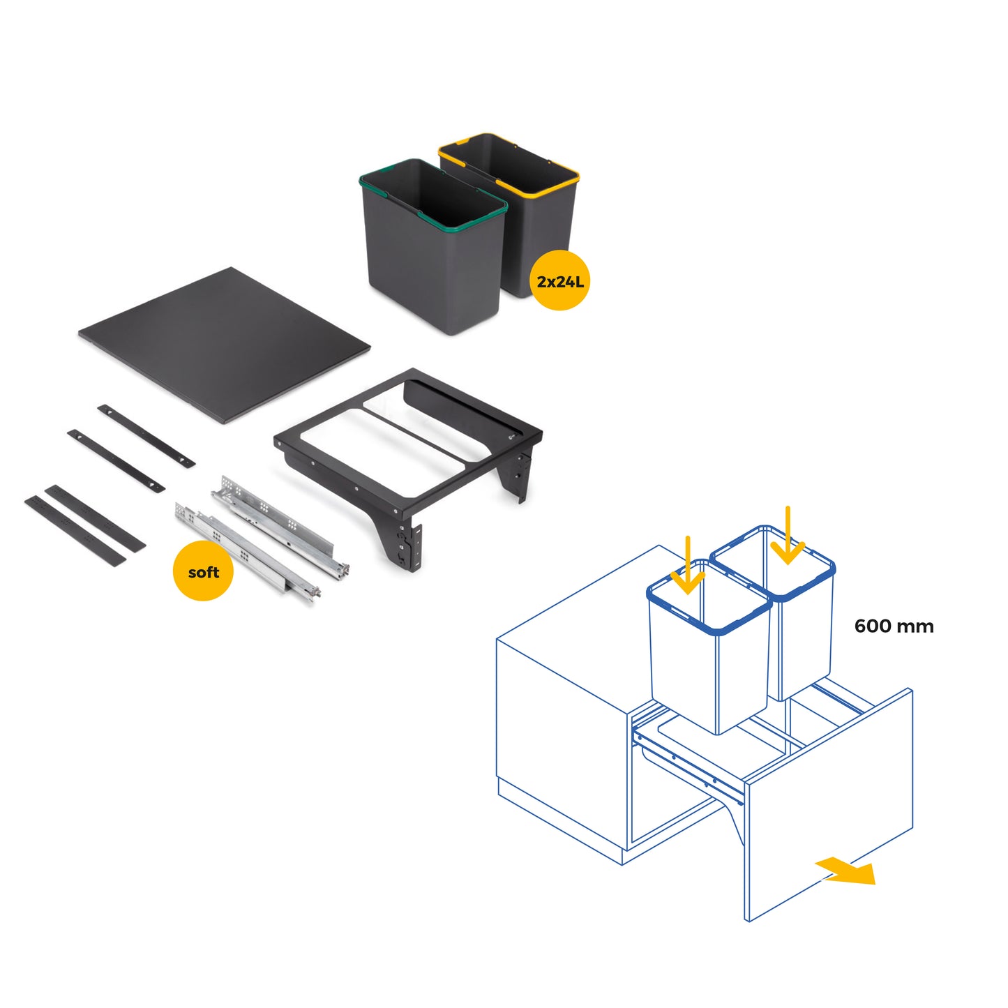 Emuca Recycle, contenitore per la raccolta differenziata da montare lateralmente sul mobile della cucina Recycle 2x24lt, Acciaio, Tecnoplastica Grigio antracite