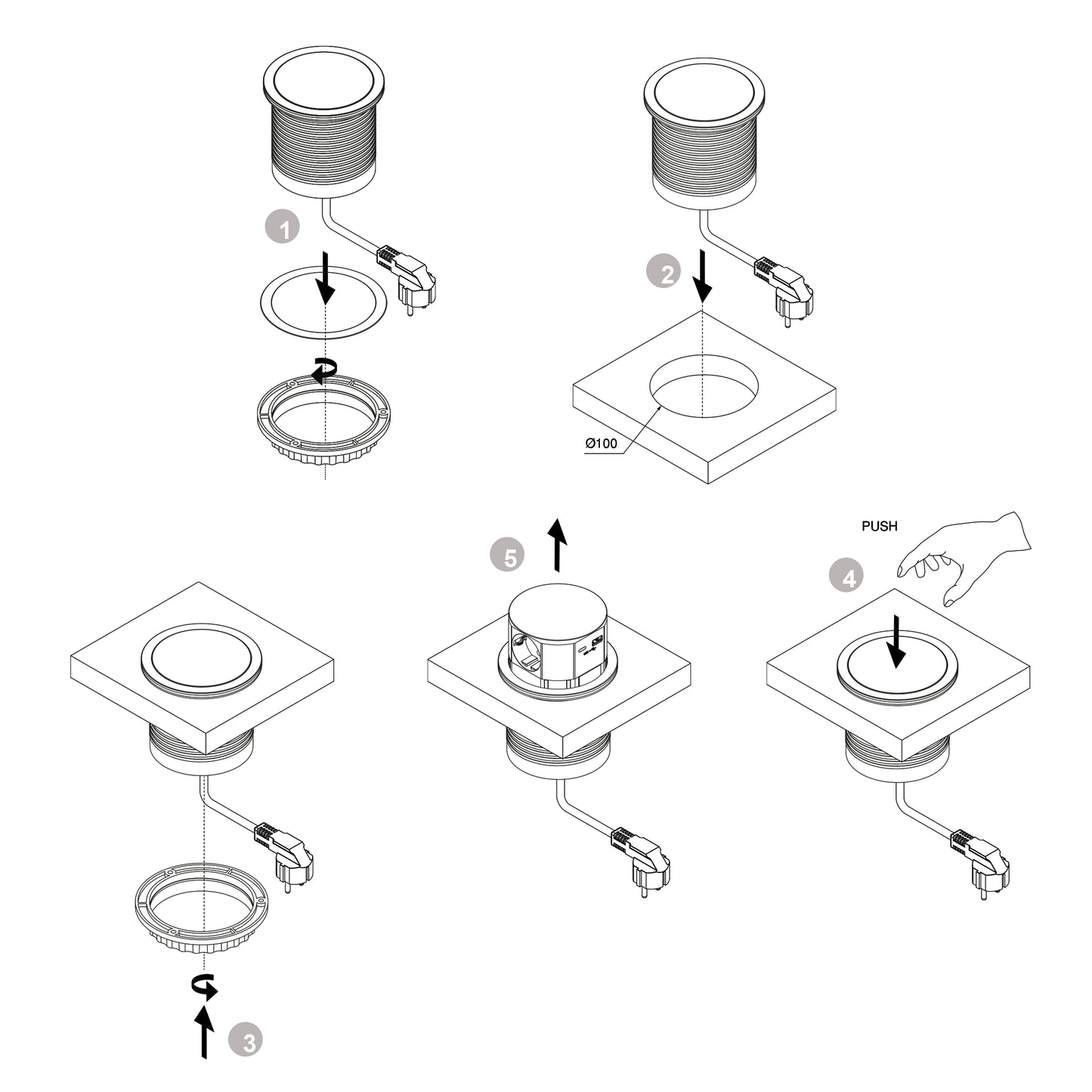 Emuca Multiconnettore Vertikal Push diametro 100mm, 3 spine di tipo Schuko, 1 USB tipo A, 1 USB tipo C, Acciaio e Tecnoplastica, Verniciato bianco