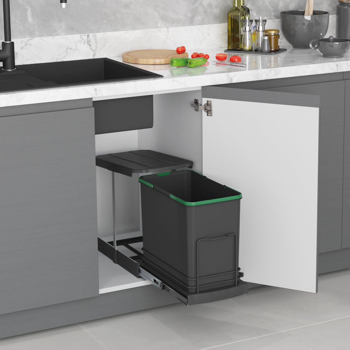 Emuca Pattumiera per differenziata Recycle da cucina, 24 L, fissaggio sul fondo ed estrazione manuale/automaticamente, Tecnoplastica grigio antracite