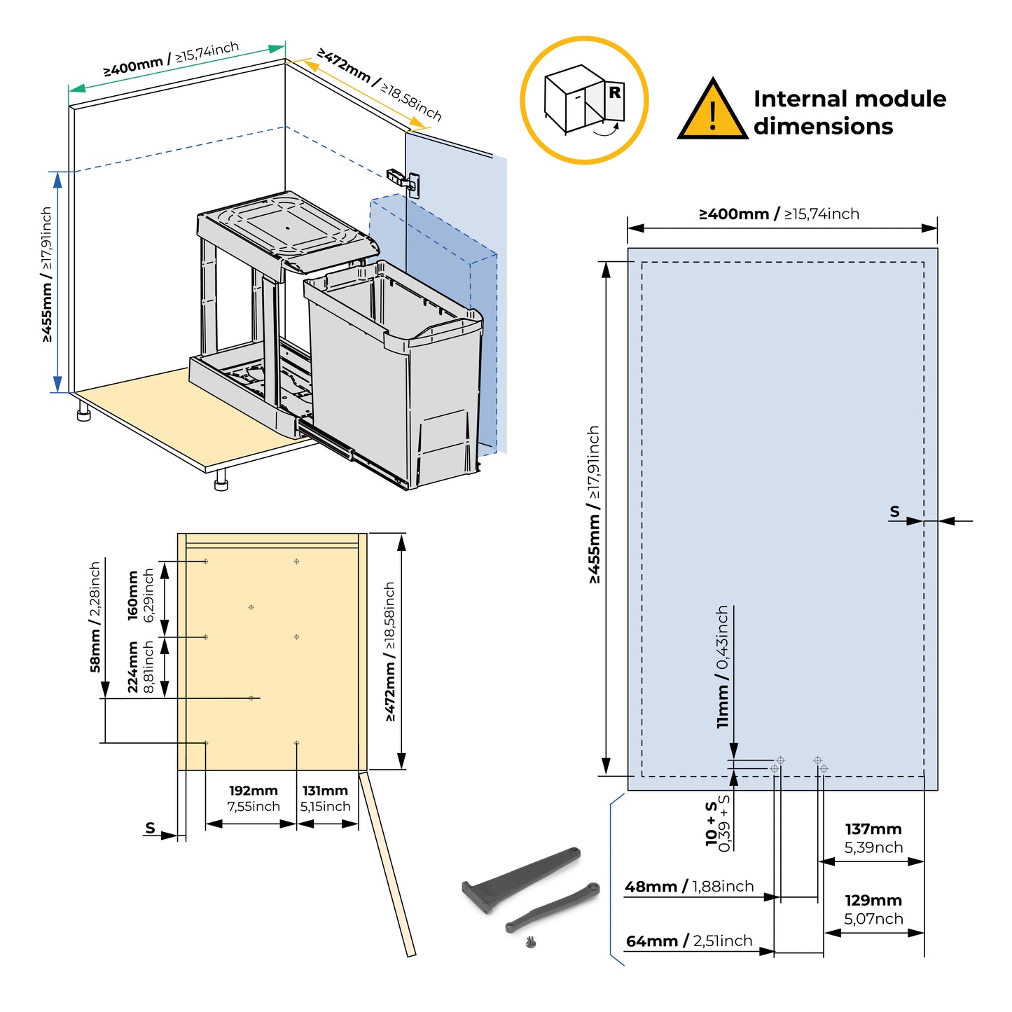 Emuca Pattumiere per raccolta differenziata per cucina, 1 x 30L, fissaggio inferiore, estrazione automatica, Acciaio e Tecnoplastica, Grigio antracite