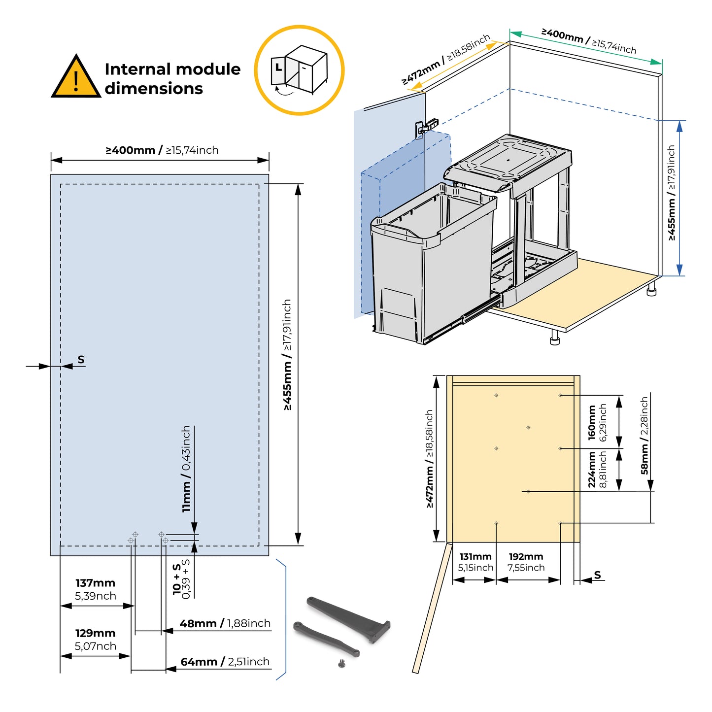 Emuca Pattumiere per raccolta differenziata per cucina, 1 x 30L, fissaggio inferiore, estrazione automatica, Acciaio e Tecnoplastica, Grigio antracite