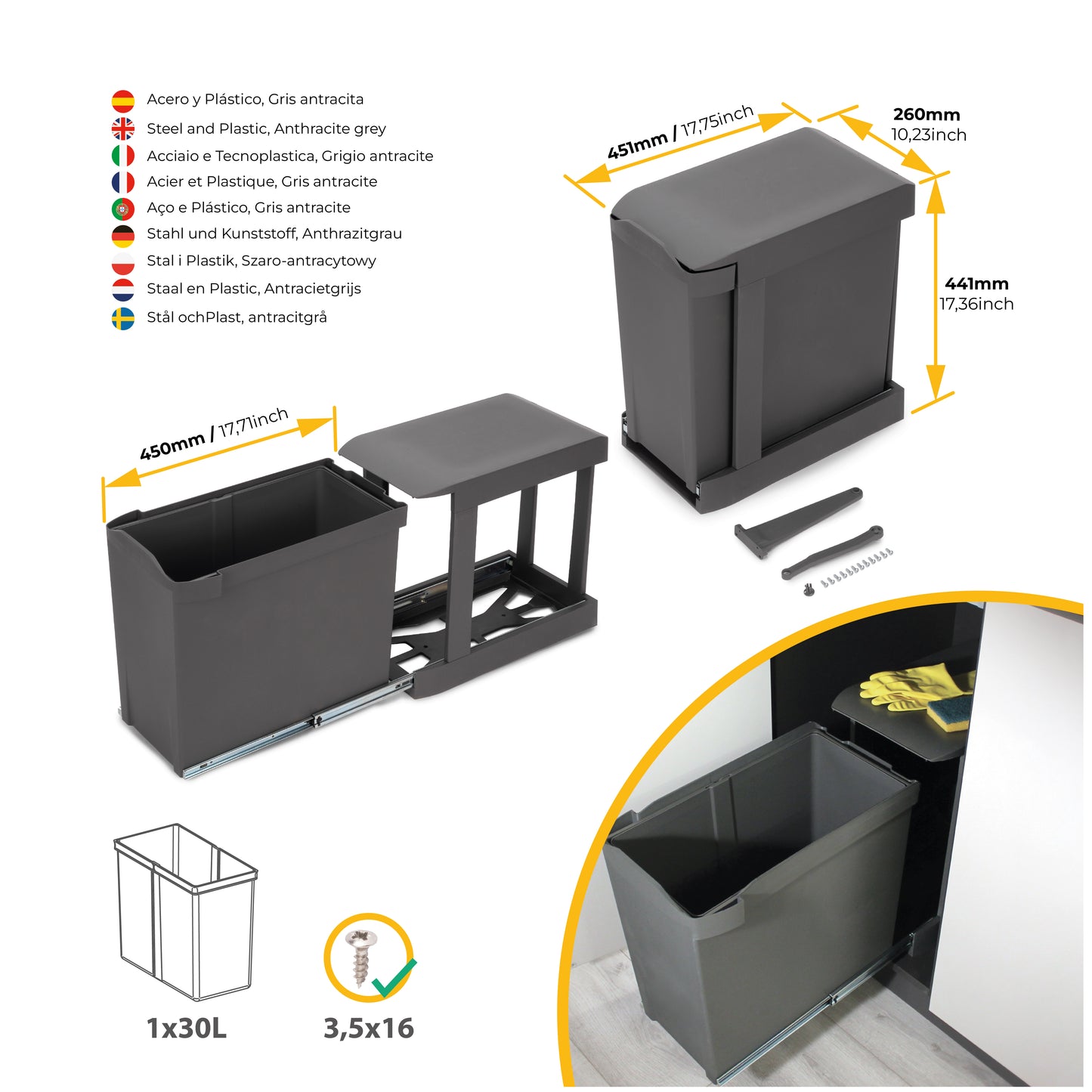 Emuca Pattumiere per raccolta differenziata per cucina, 1 x 30L, fissaggio inferiore, estrazione automatica, Acciaio e Tecnoplastica, Grigio antracite