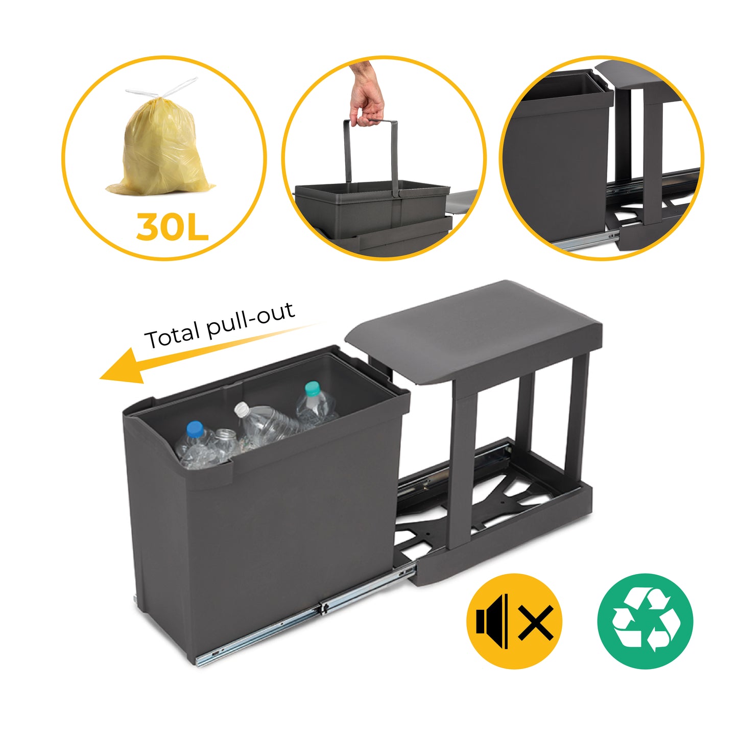 Emuca Pattumiere per raccolta differenziata per cucina, 1 x 30L, fissaggio inferiore, estrazione automatica, Acciaio e Tecnoplastica, Grigio antracite