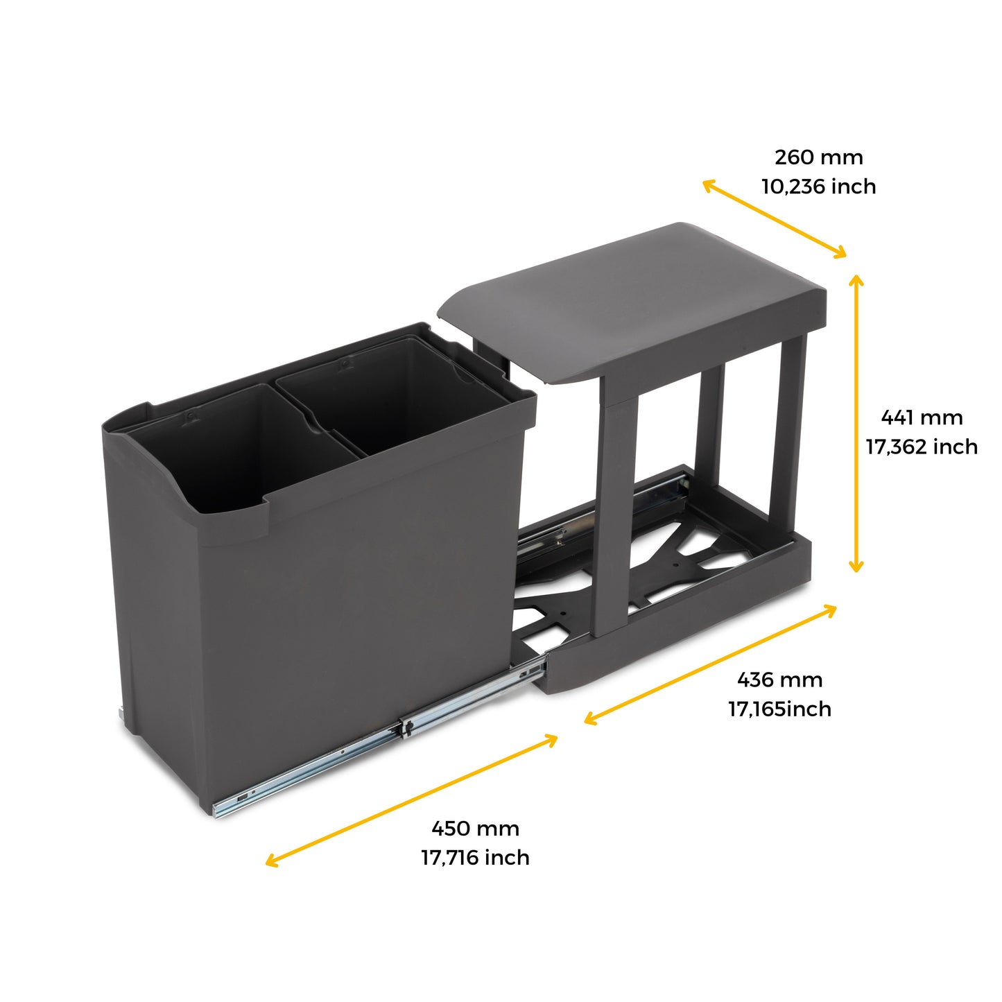 Emuca Pattumiere per raccolta differenziata per cucina, 2 x 14L, fissaggio inferiore, estrazione automatica, Acciaio e Tecnoplastica, Grigio antracite