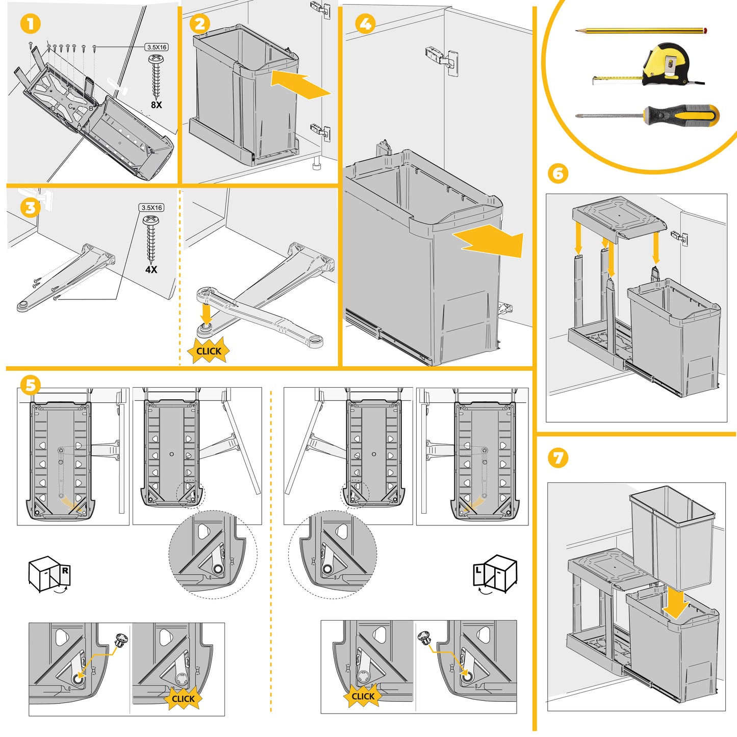 Emuca Pattumiere per raccolta differenziata per cucina, 2 x 14L, fissaggio inferiore, estrazione automatica, Acciaio e Tecnoplastica, Grigio antracite