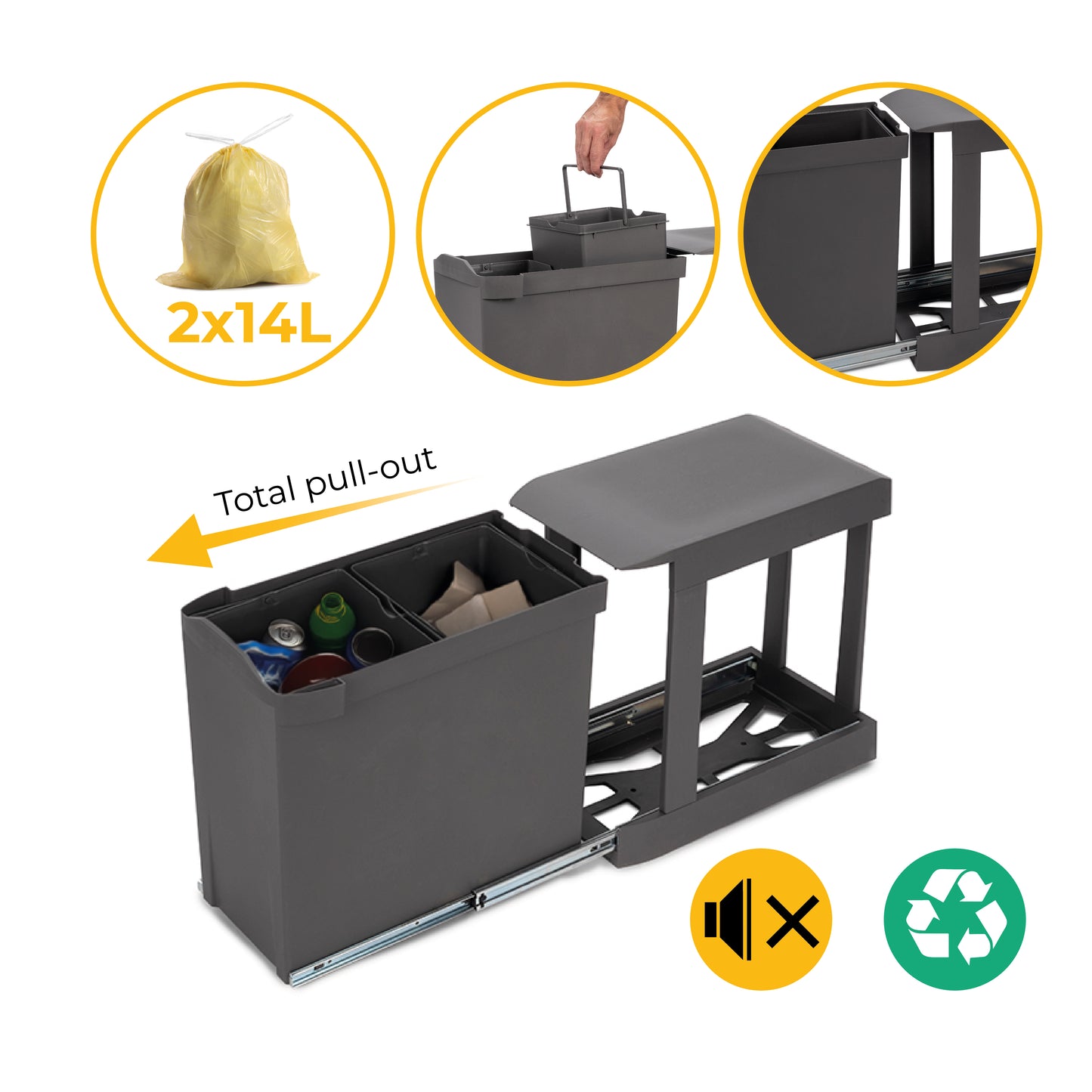 Emuca Pattumiere per raccolta differenziata per cucina, 2 x 14L, fissaggio inferiore, estrazione automatica, Acciaio e Tecnoplastica, Grigio antracite