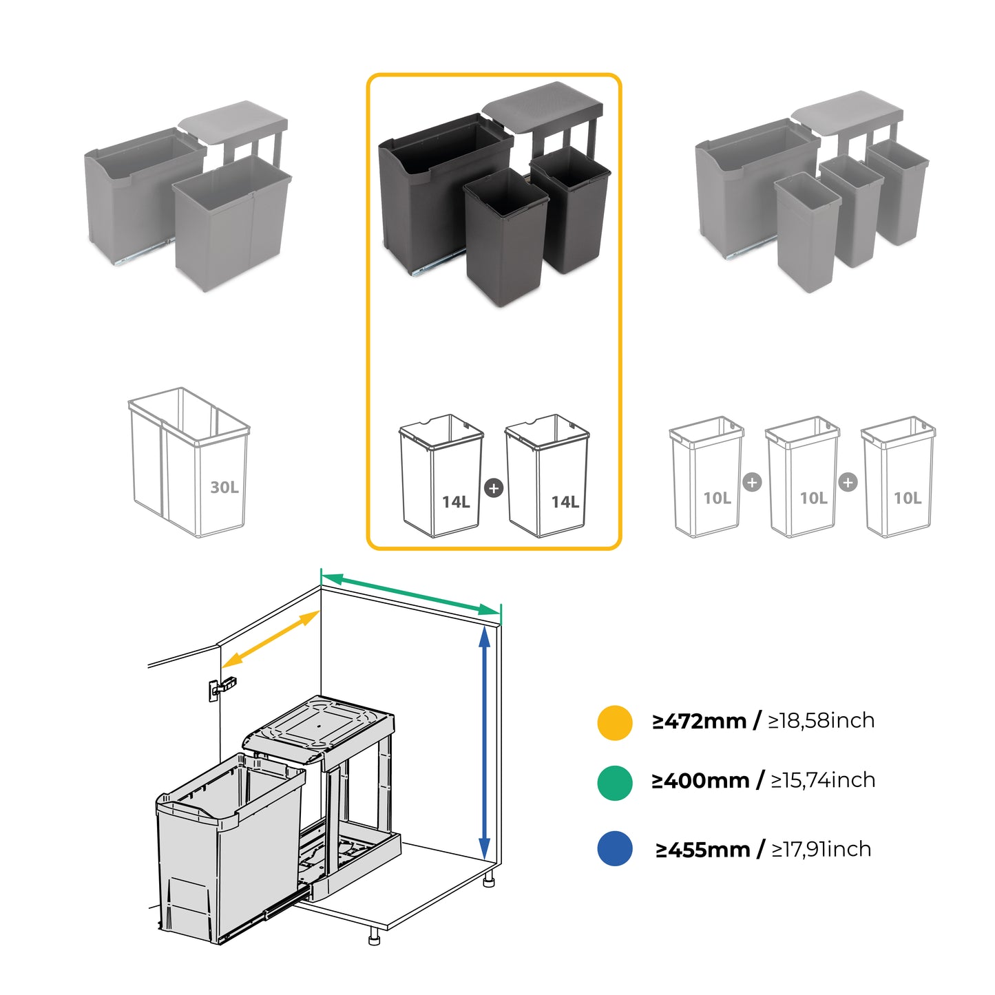 Emuca Pattumiere per raccolta differenziata per cucina, 2 x 14L, fissaggio inferiore, estrazione automatica, Acciaio e Tecnoplastica, Grigio antracite