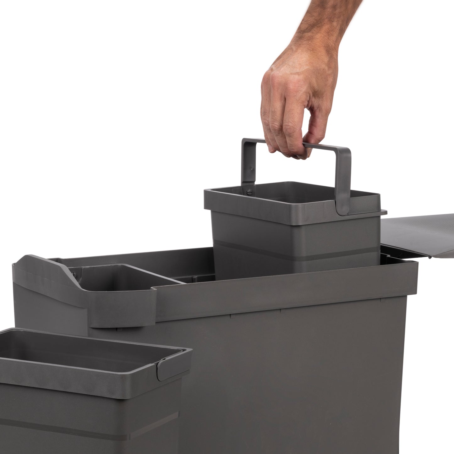 Emuca Pattumiere per raccolta differenziata per cucina, 3 x 10L, fissaggio inferiore, estrazione automatica, Acciaio e Tecnoplastica, Grigio antracite