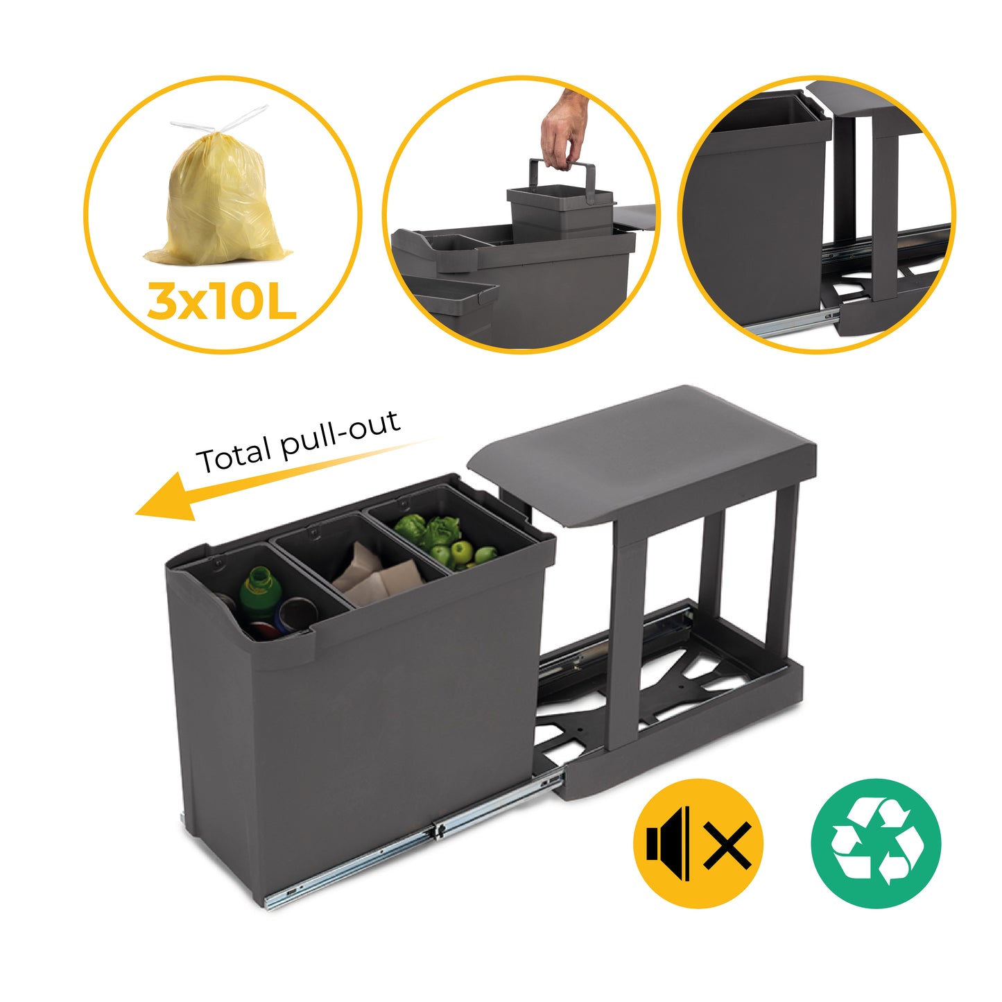 Emuca Pattumiere per raccolta differenziata per cucina, 3 x 10L, fissaggio inferiore, estrazione automatica, Acciaio e Tecnoplastica, Grigio antracite