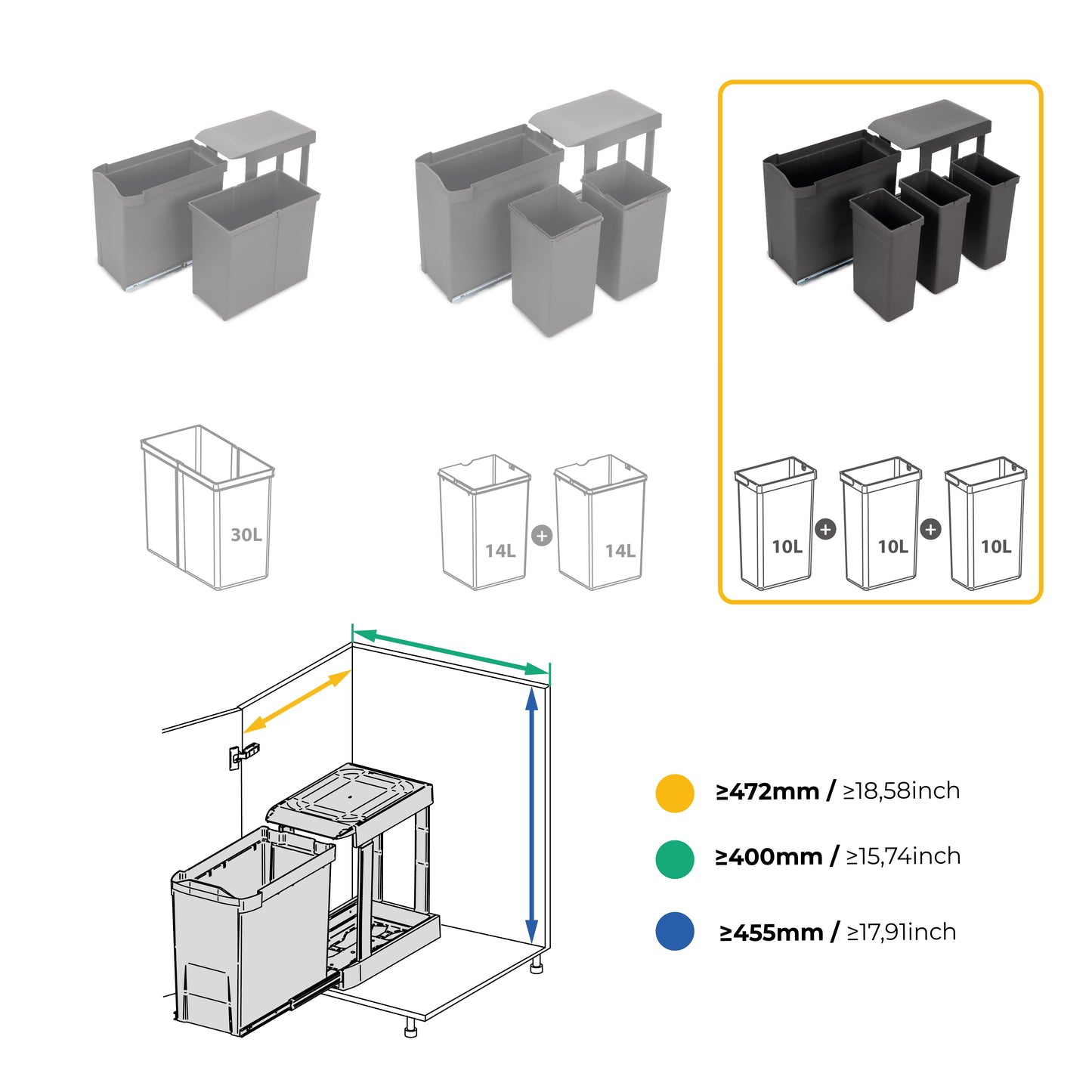 Emuca Pattumiere per raccolta differenziata per cucina, 3 x 10L, fissaggio inferiore, estrazione automatica, Acciaio e Tecnoplastica, Grigio antracite