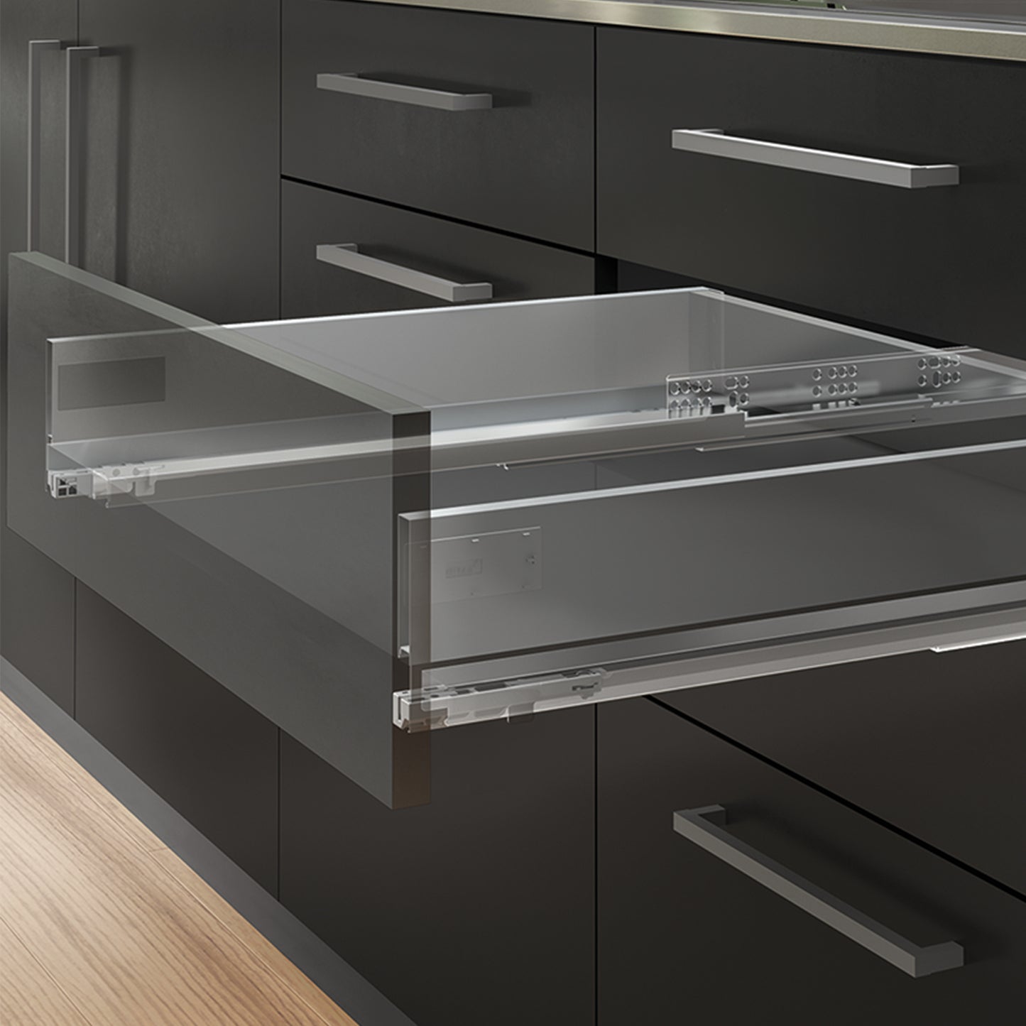 Emuca Cassetto esterno Vertex con regolazione 3D altezza 131mm, 40kg, profondità 550mm, Acciaio, Grigio antracite