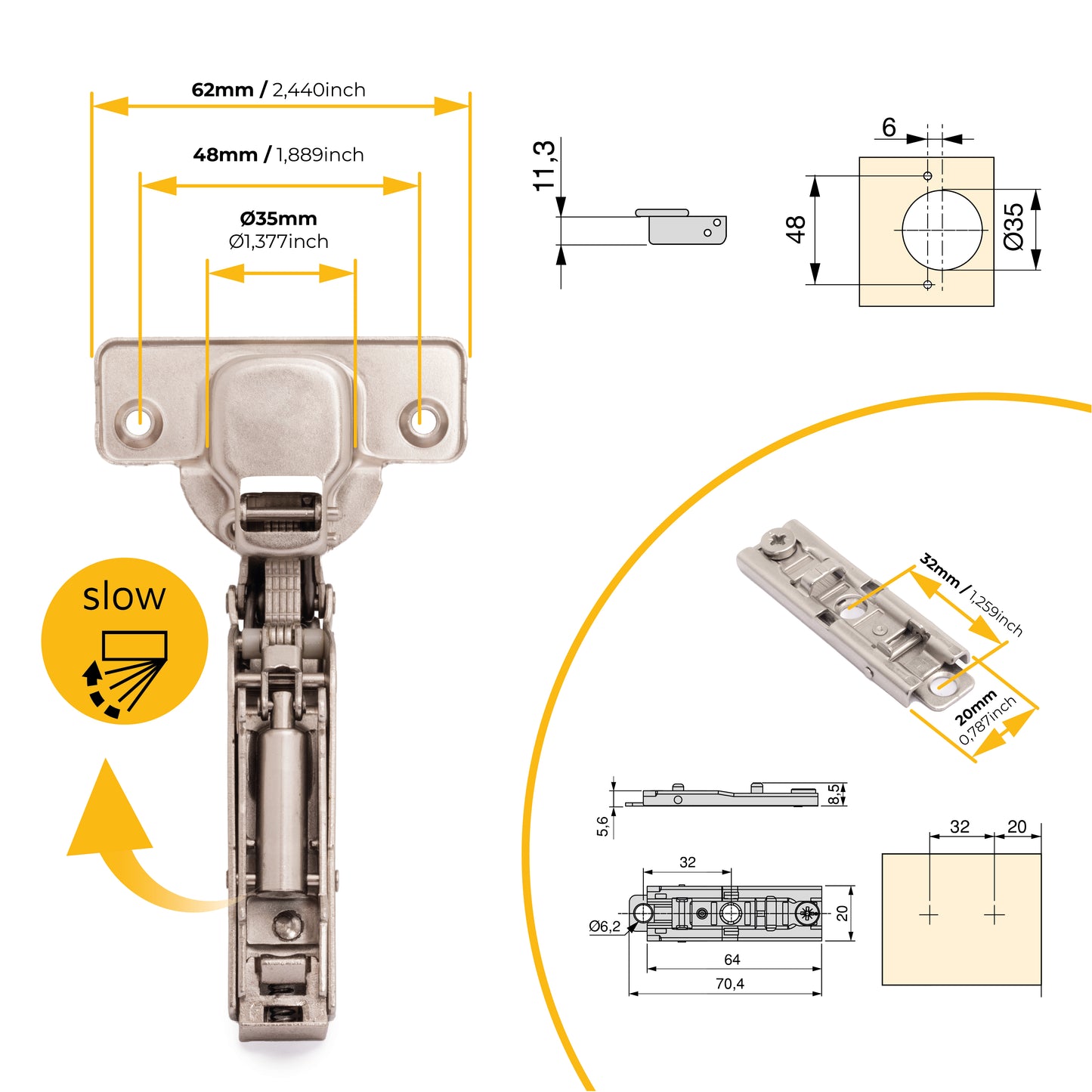 Emuca Lotto di 20 cerniere collo alto X91 con chiusura soft e Basetta a vite, altezza 1, Acciaio, Nichelato