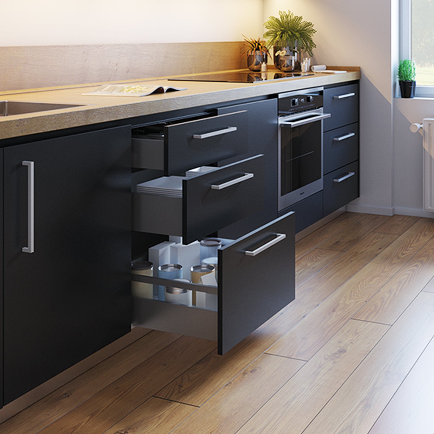 Emuca Cassetto esterno Vertex con regolazione 3D altezza 83mm, 40kg, profondità 450mm, Acciaio, Grigio antracite