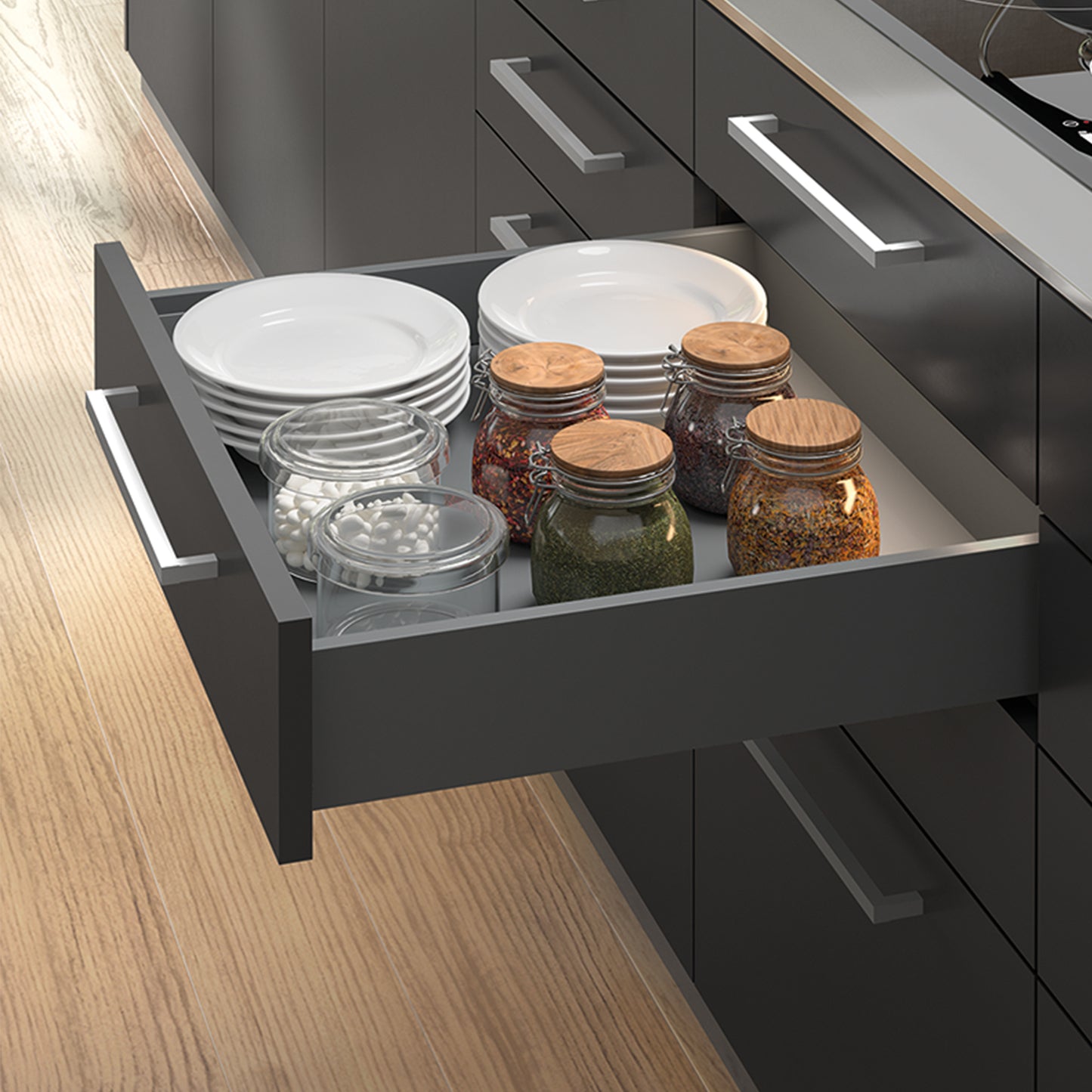 Emuca Cassetto esterno Vertex con regolazione 3D altezza 83mm, 40kg, profondità 450mm, Acciaio, Grigio antracite
