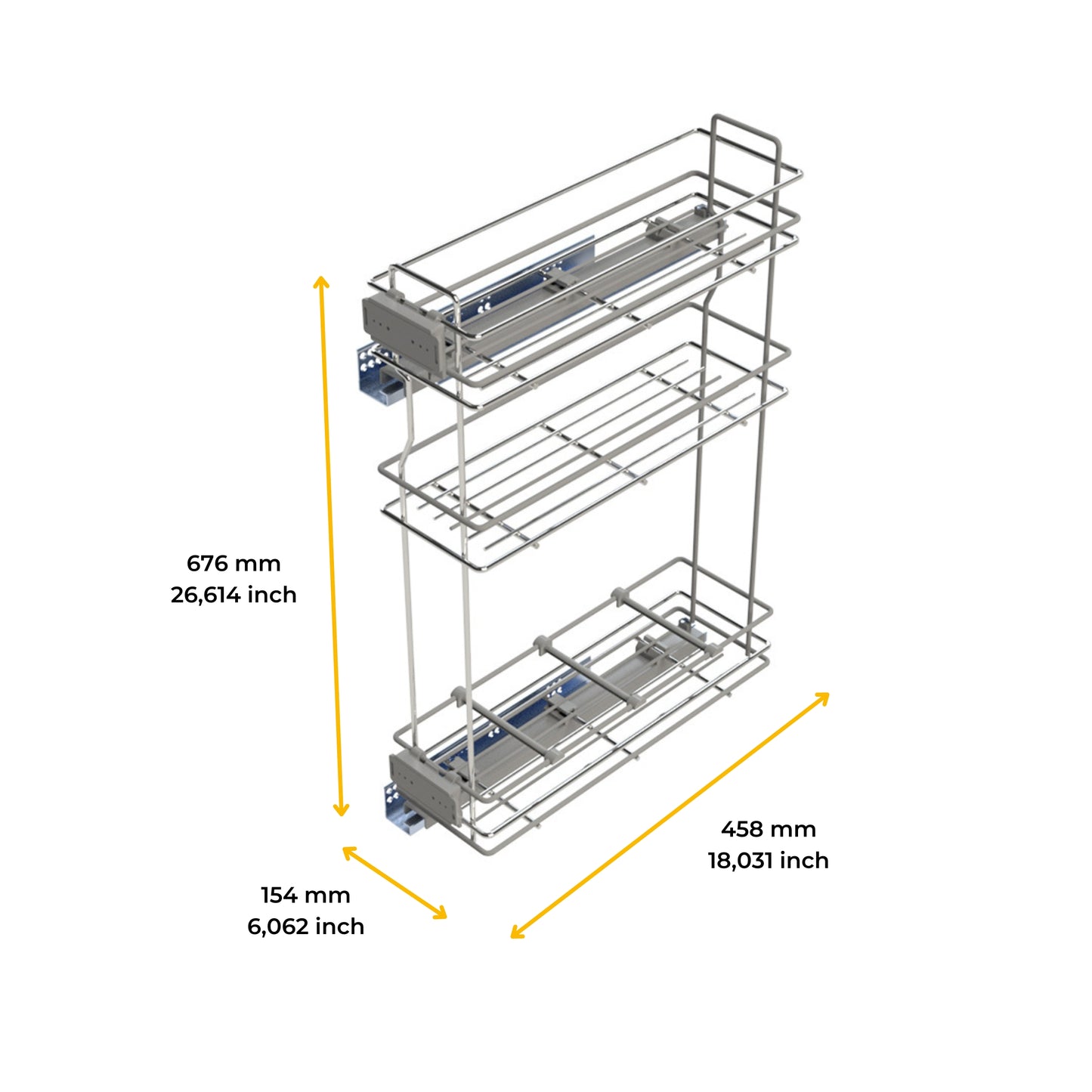 Emuca Portabottiglie estraibile SupraMax con chiusura soft, lato sinistro, 3 vassoi, unità 200 mm, Acciaio, Cromato lucido