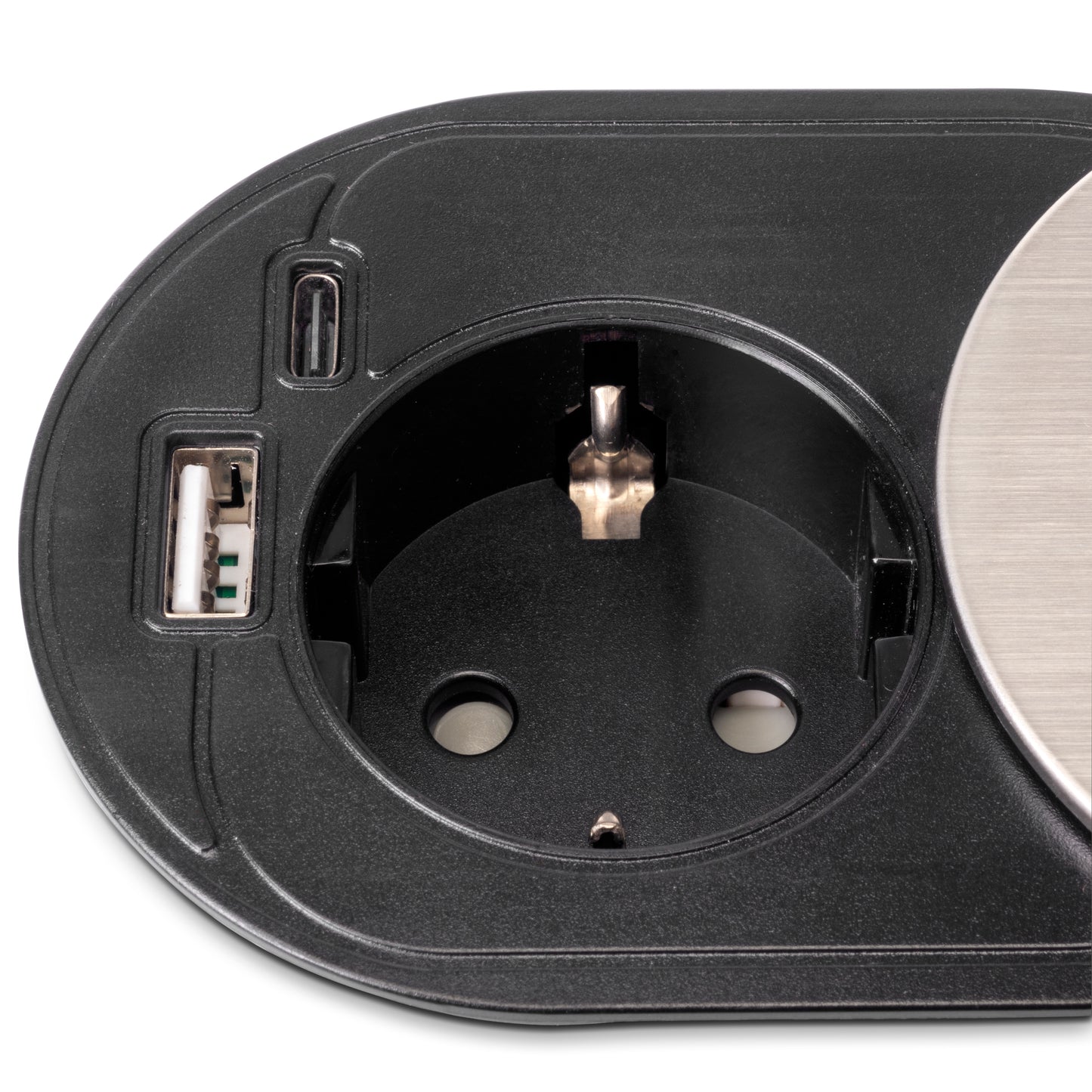 Emuca Multiconnettore con coperchio scorrevole Vertikal Flat 60, diametro 60 mm, 1 presa Schuko, 1 USB Tipo A, 1 USB Tipo C, Acciaio e Tecnoplastica, Acciaio inossidabile